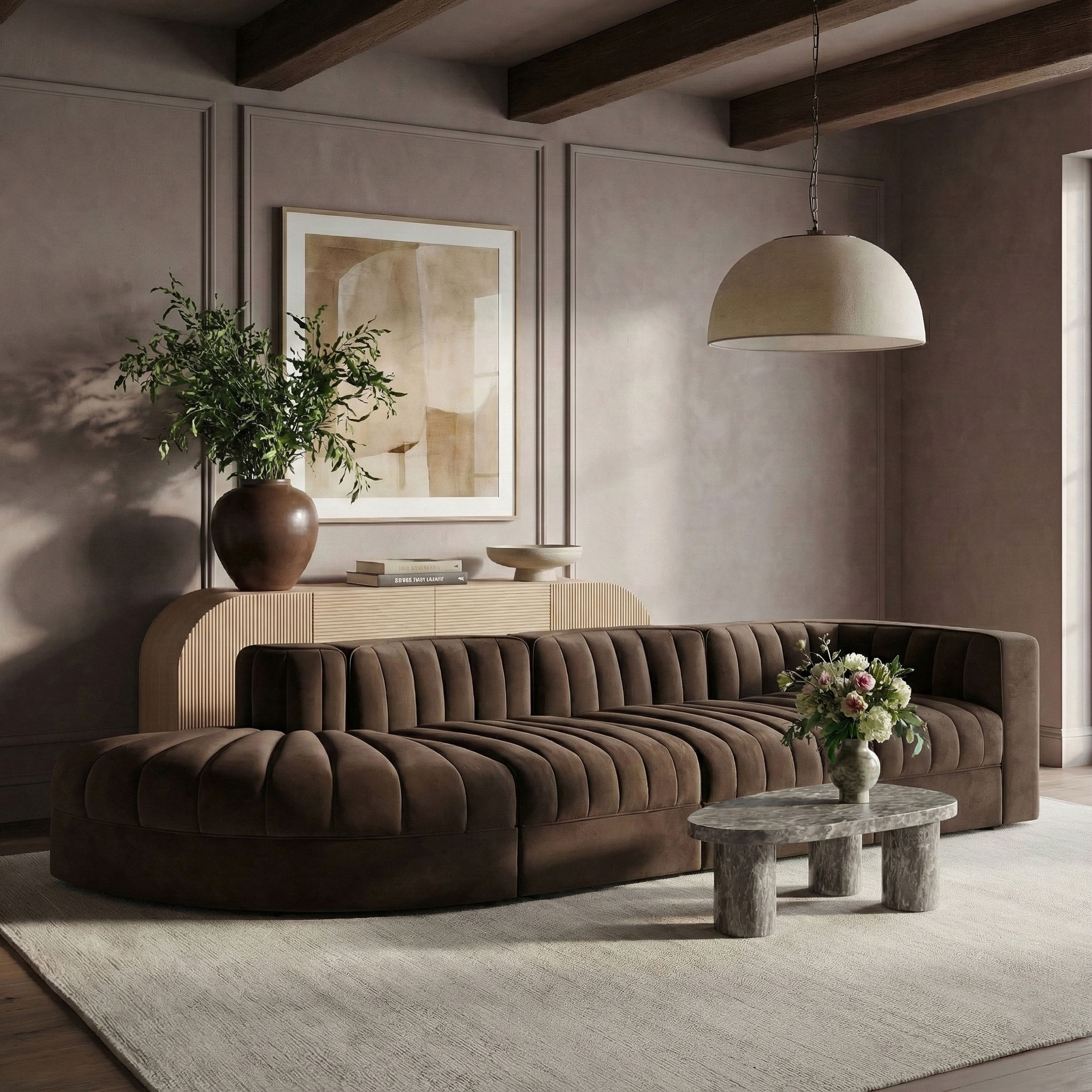 Rummi - Velvet Performance Fabric Upholstered 4 Piece Modular Sectional With Reverse Corner Chair - Brown