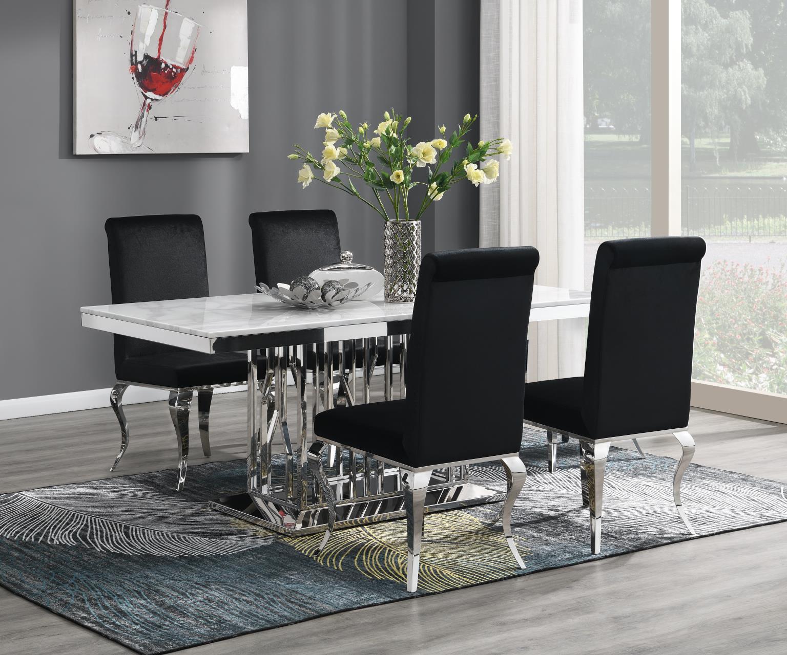 G-081-T-WHITE - 5 Piece Dining Room Set (Table, 4 Velvet Chairs) - White / Black