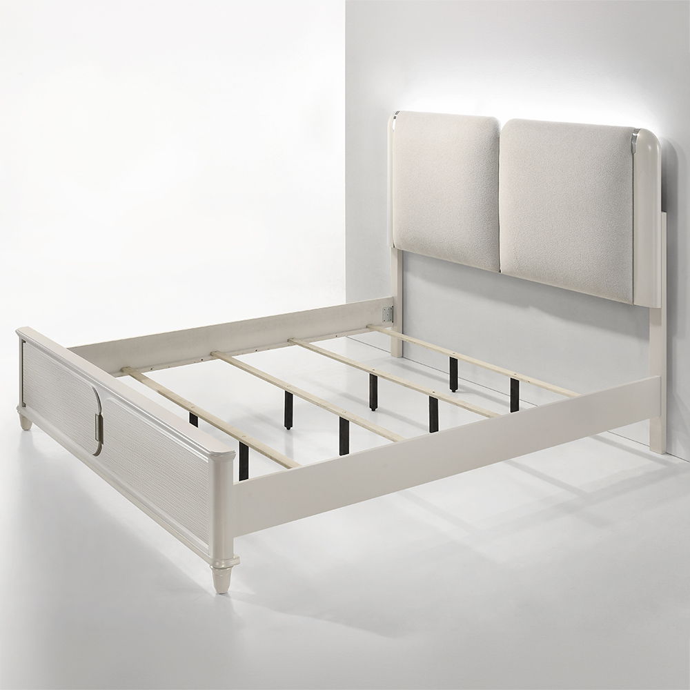 Laveda - Queen Bed With LED - Light Gray Boucle & Pearl White, white, view 2