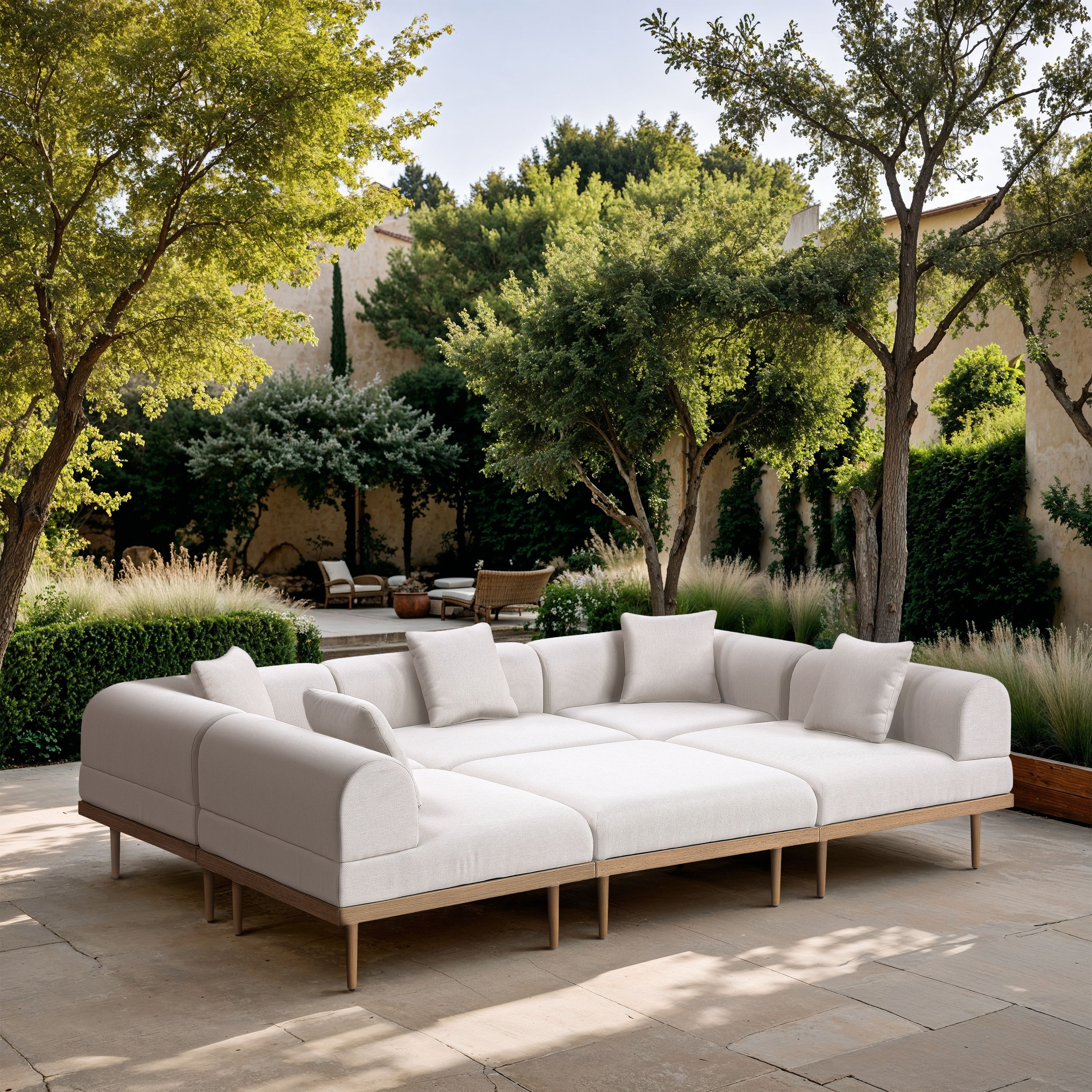 Laguna - 6 Piece Resilient Water Resistant Fabric 106.5" Upholstered Outdoor Patio Modular Sectional - Cream