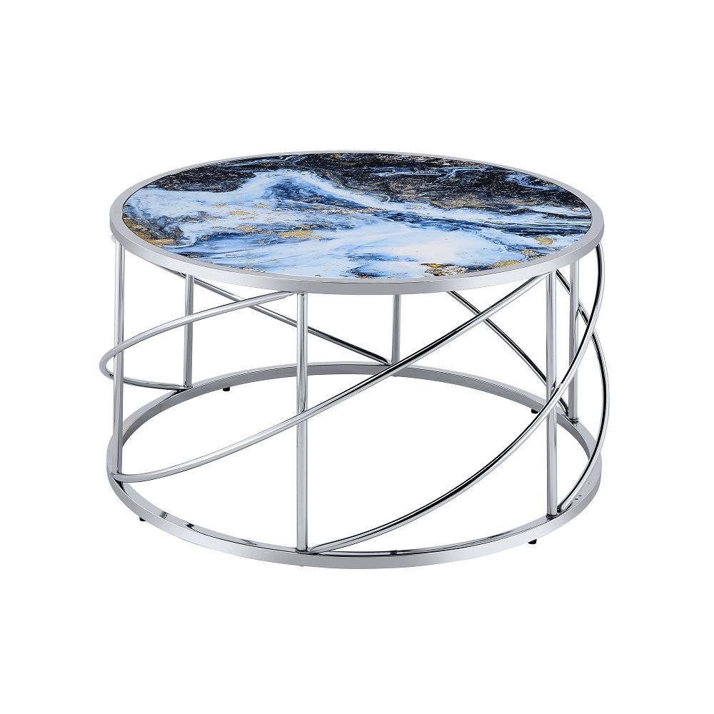 Lyda - Coffee Table - Blue Marble Print & Chrome, blue, view 2
