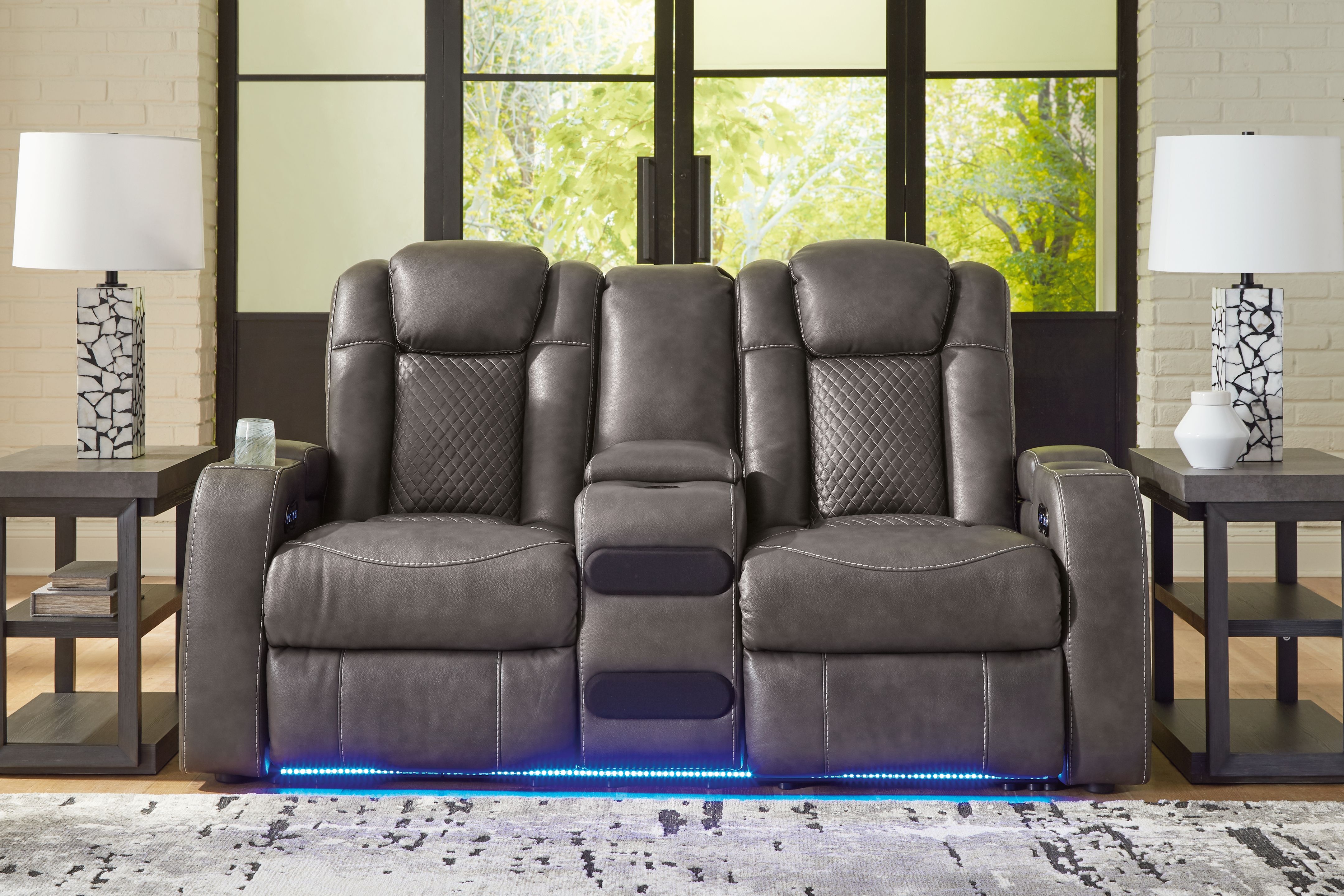 Ashley Furniture Fyne-Dyme - Power Reclining Loveseat with Console/Adj Hdrst - Shadow - Image 2