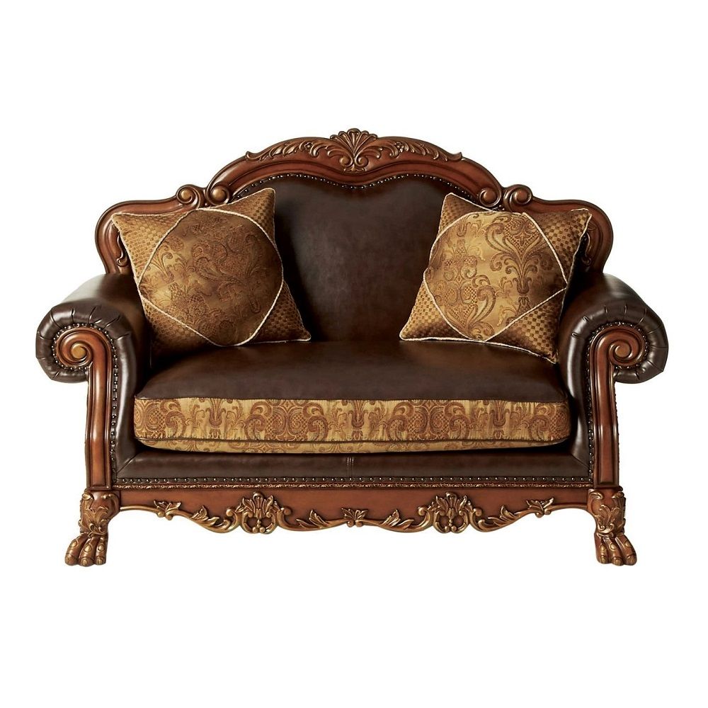 Dresden - Loveseat With 2 Pillows - Brown Synthetic Leather & Chenille, Cherry Oak, dark brown, view 2