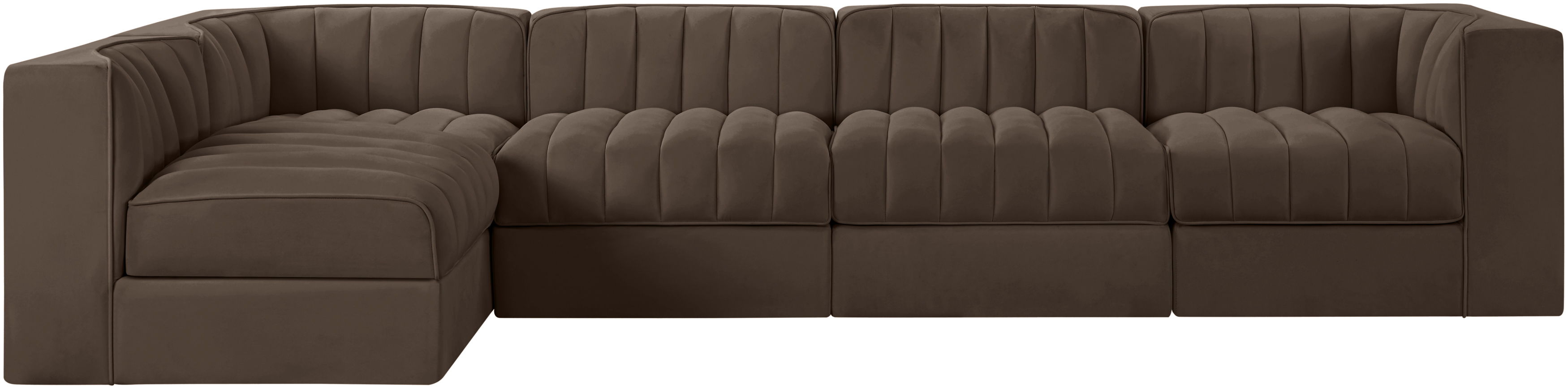 Rummi - Velvet Performance Fabric Upholstered 5 Piece Modular Sectional, L-Shaped (Right) - Brown