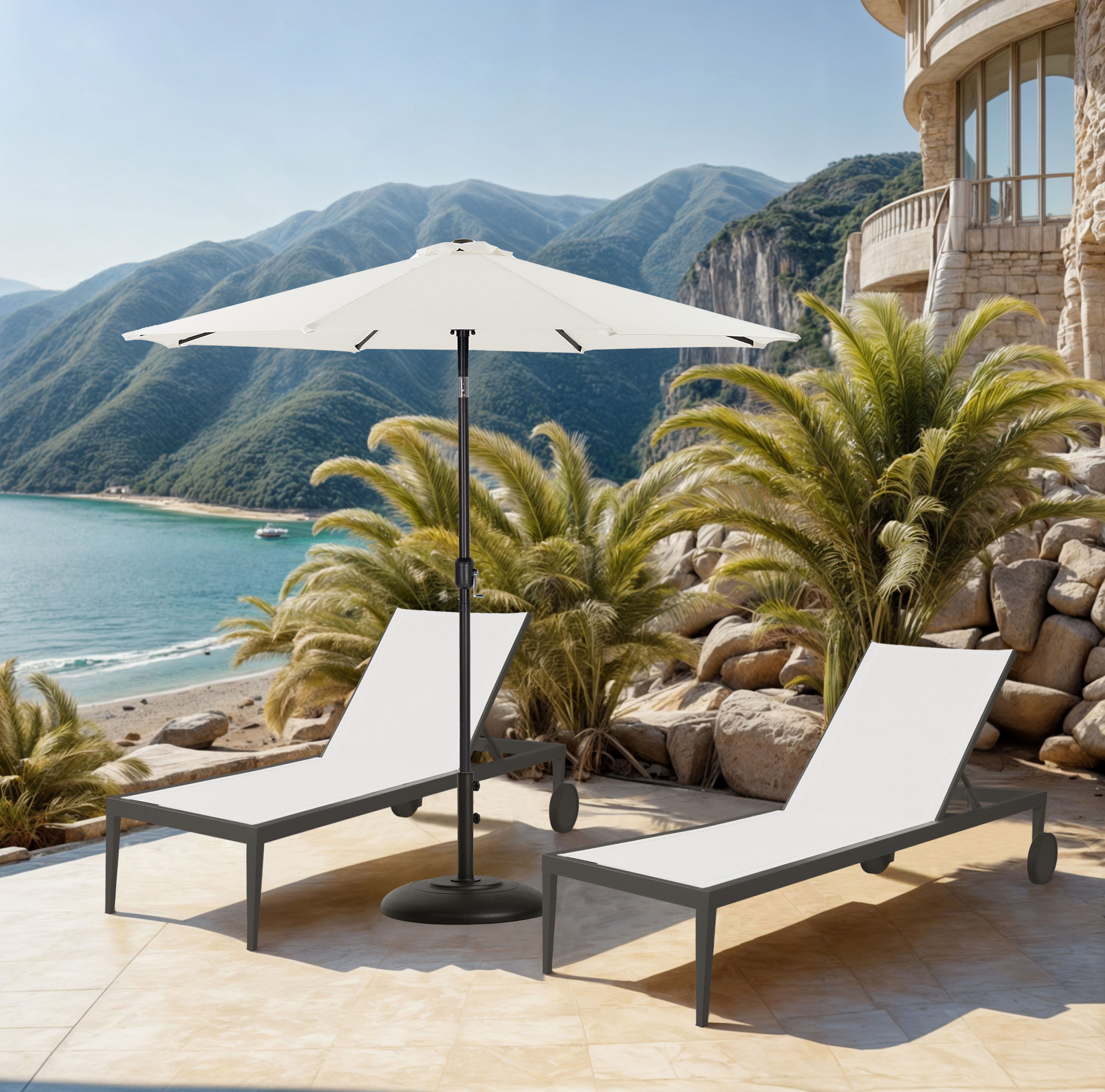 Fiji - Aluminum Patio Umbrella With Round Black Base - White