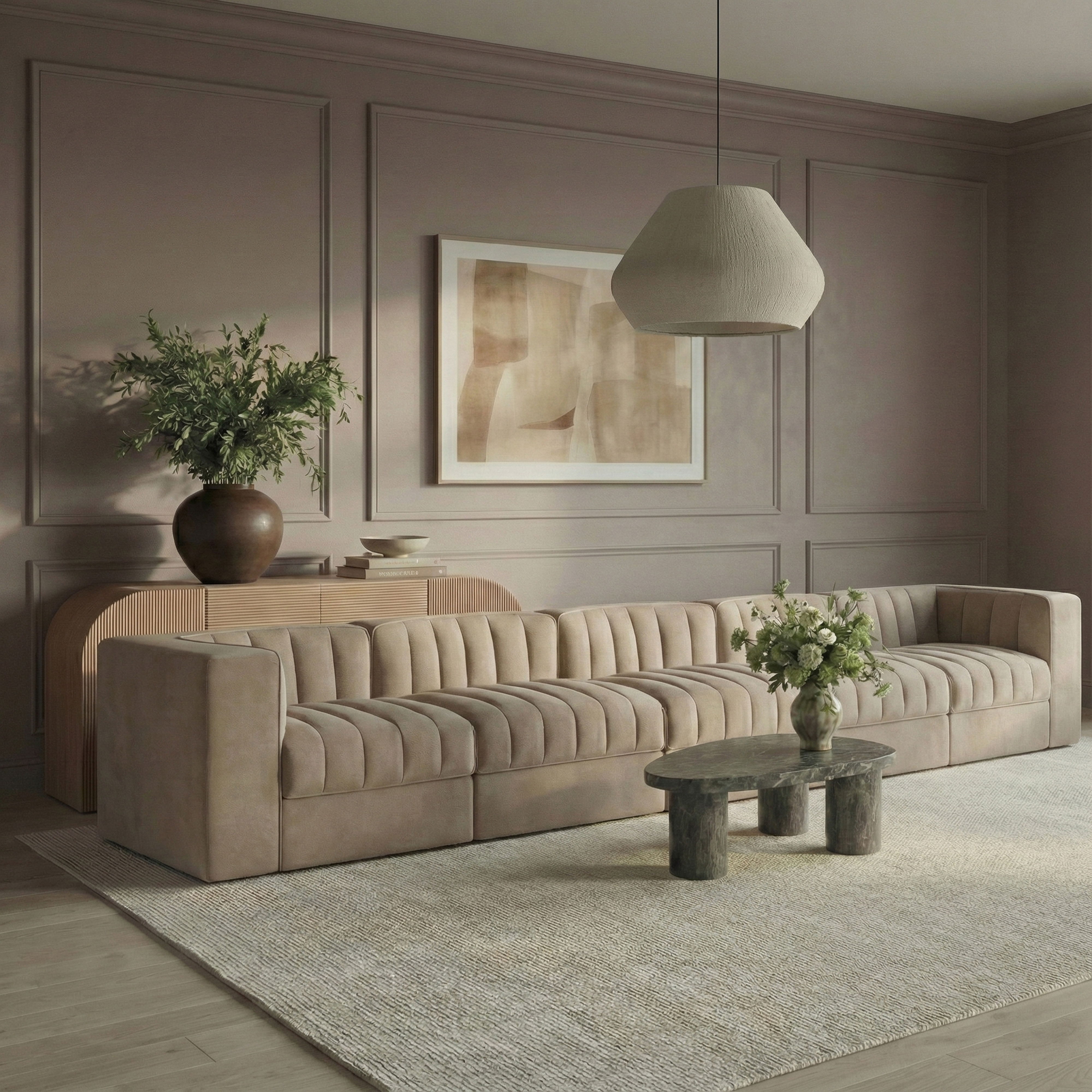 Rummi - Velvet Performance Fabric Upholstered 5 Piece Modular Sofa - Beige