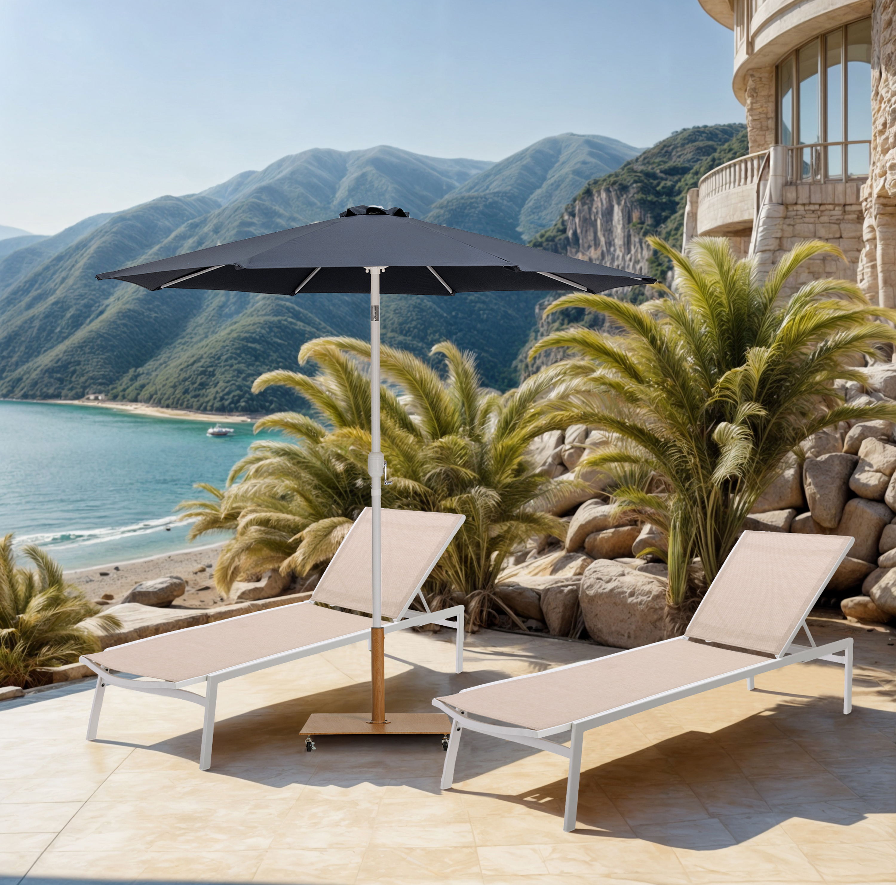 Fiji - Aluminum Patio Umbrella With Square Teak And White Base - Gray