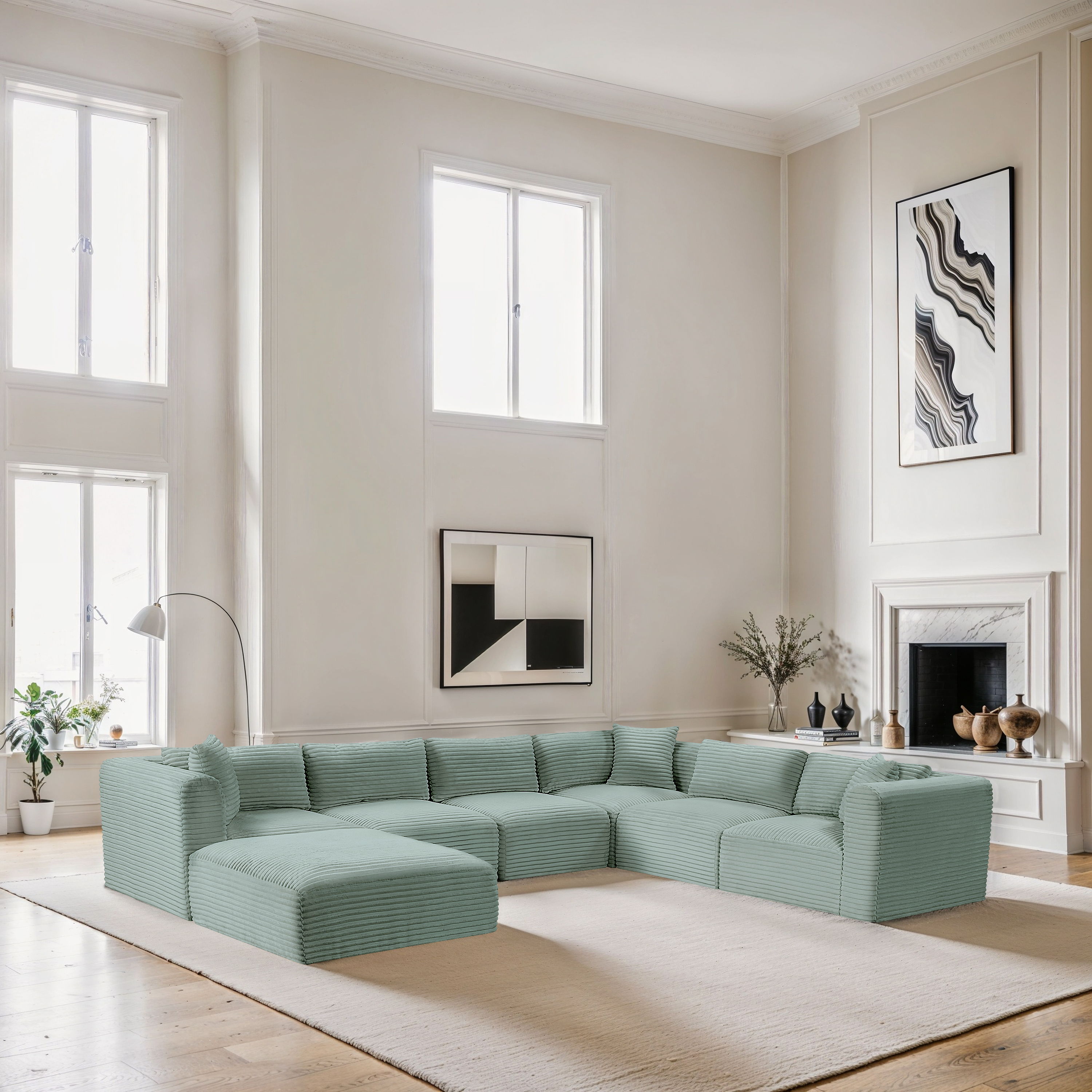 Shaggy - 7 Piece Modular U-Shaped Sectional With Ottoman - Mint