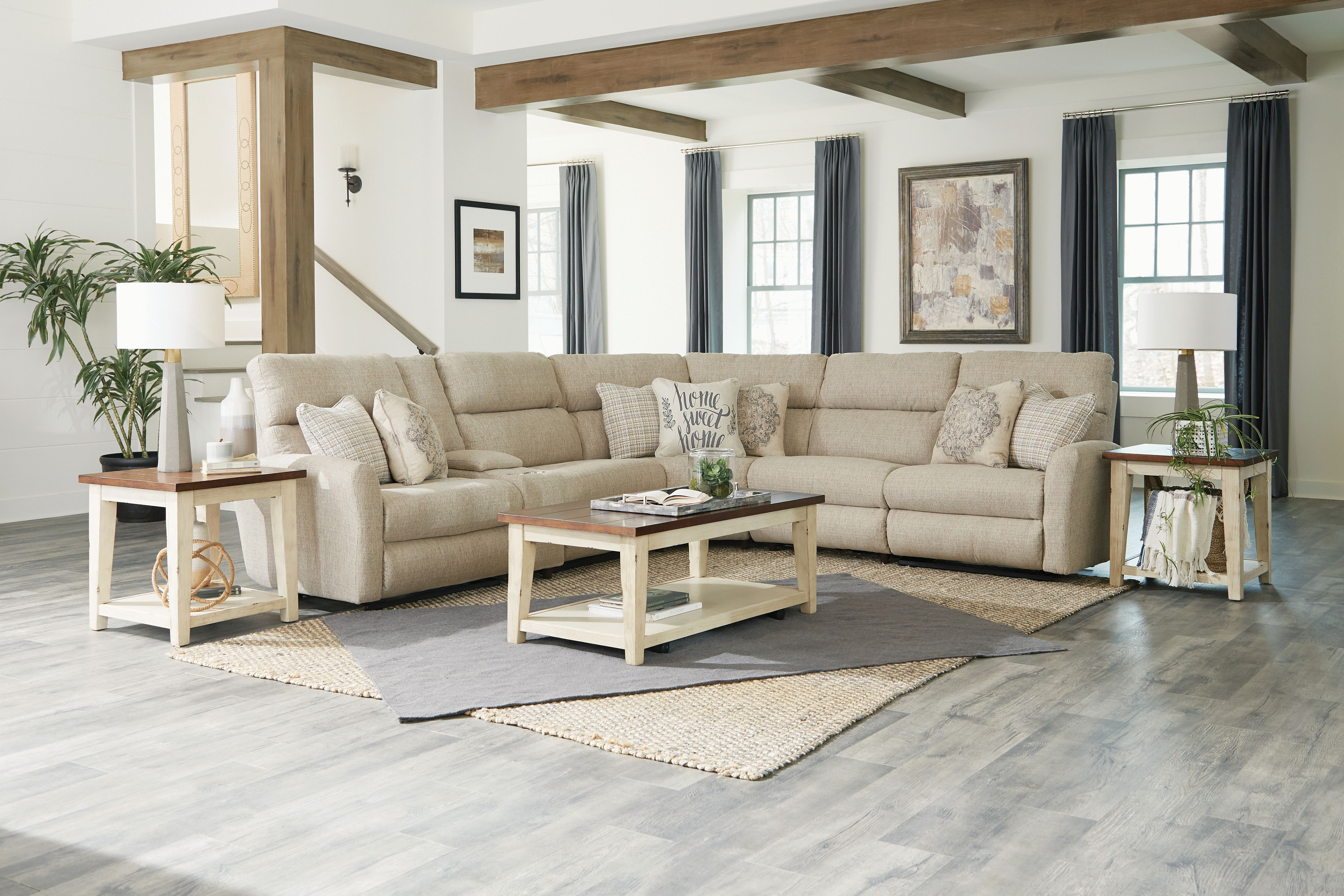 McPherson - 6 Piece Reclining Sectional With 2 Power Lay-Flat Reclining Seats And Storage Console - Beige