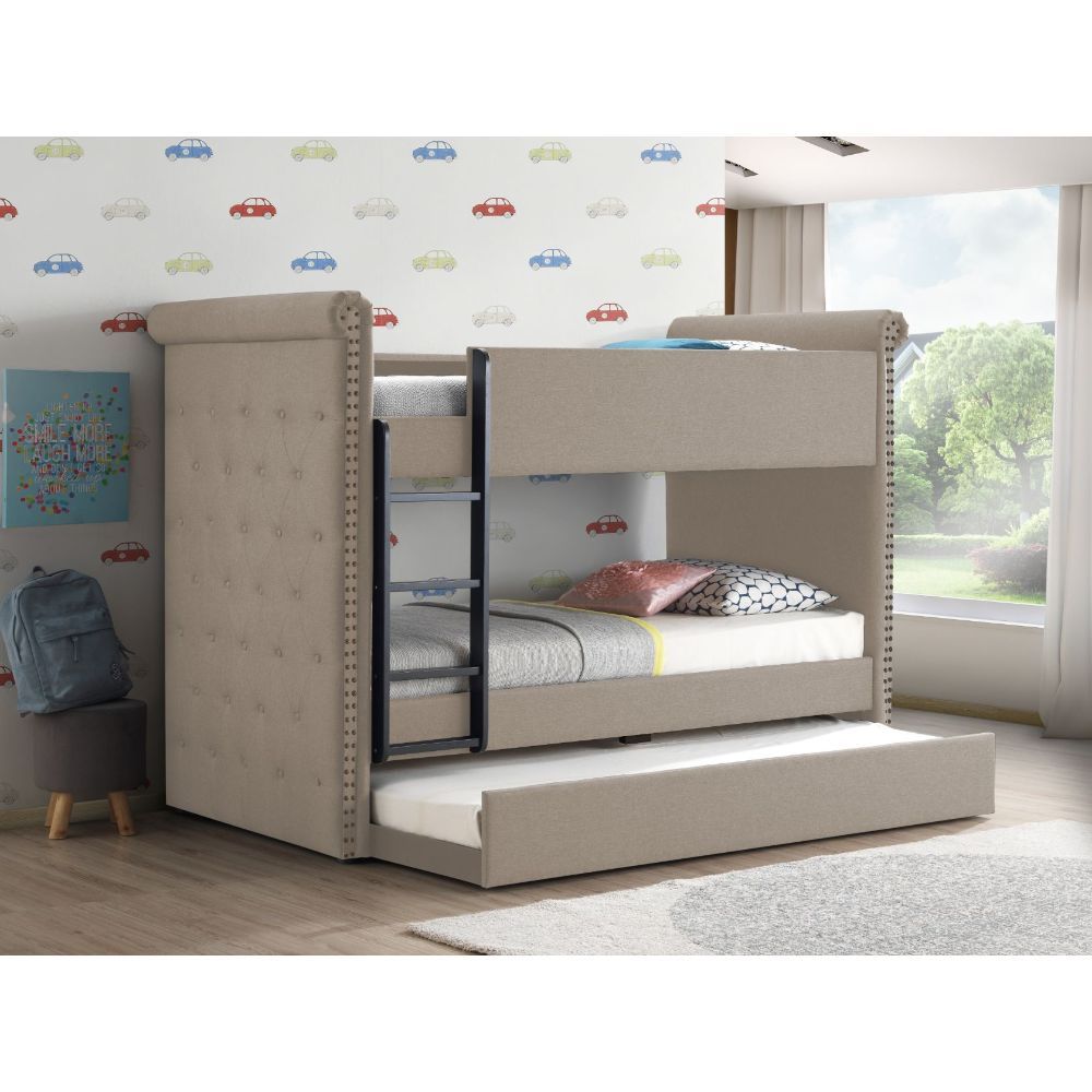 Romana II - Twin Over Twin Bunk Bed With Trundle - Beige Fabric, beige