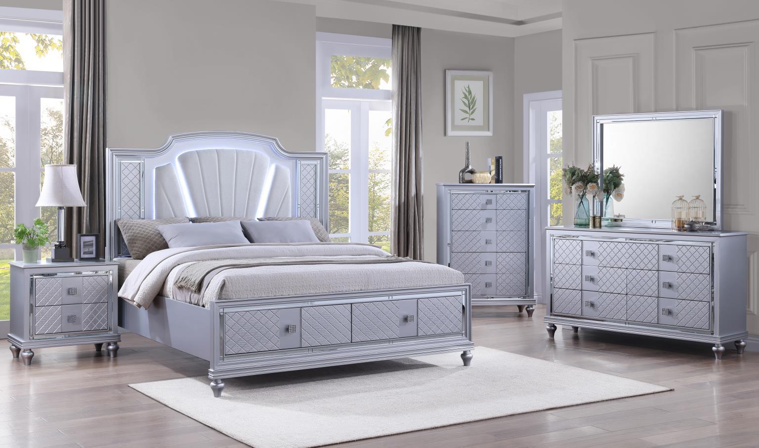 B048 - 5 Piece Bedroom Set (King Bed Frame, Dresser, Mirror, Chest, Nightstand) - Pearl Silver