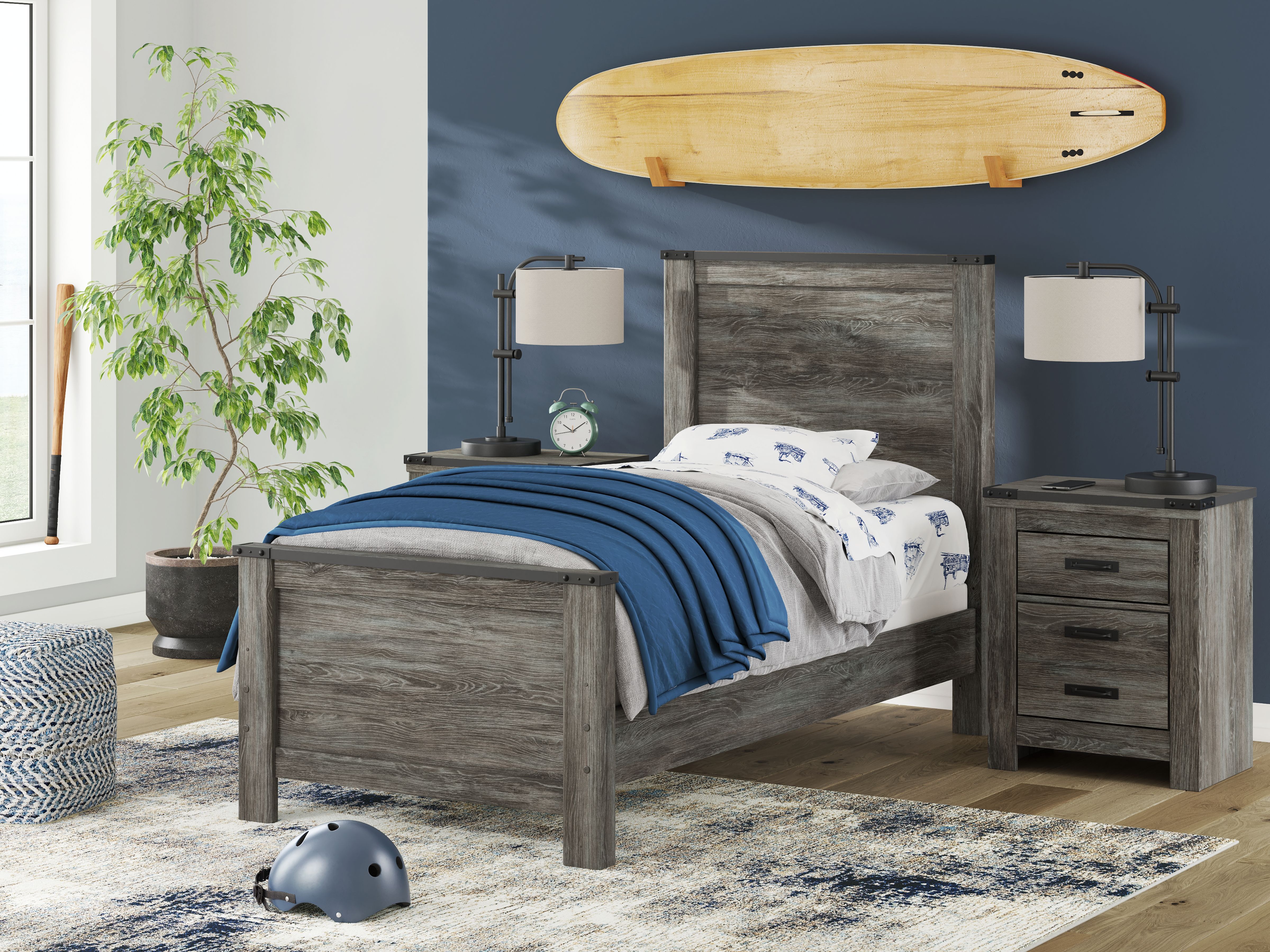 Ashley Furniture Frandern - 5 Pc. - Dresser, Mirror, Twin Panel Bed - Black / Gray - Image 5