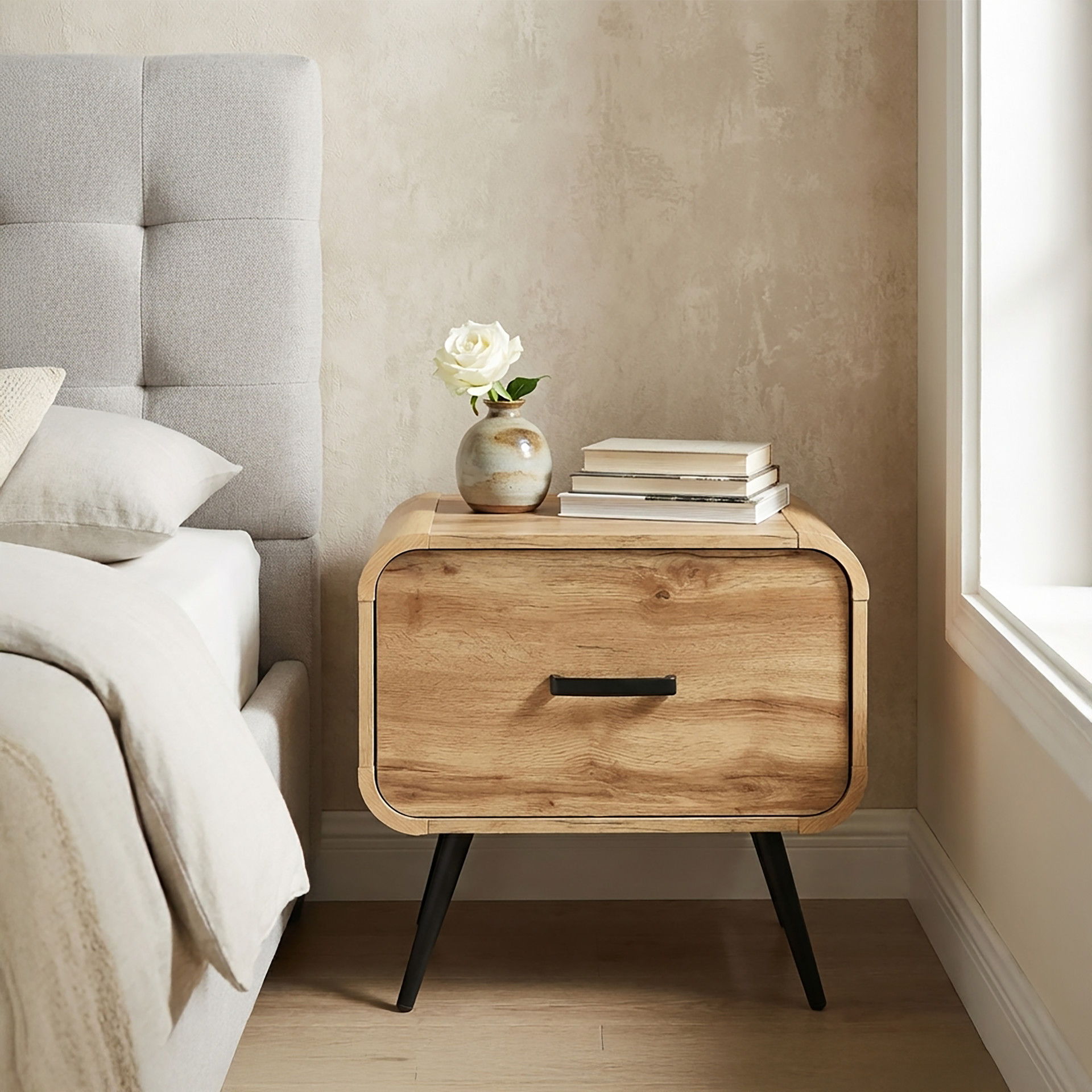 Rowan - One Drawer End Table/Bedside Table - Natural, light brown