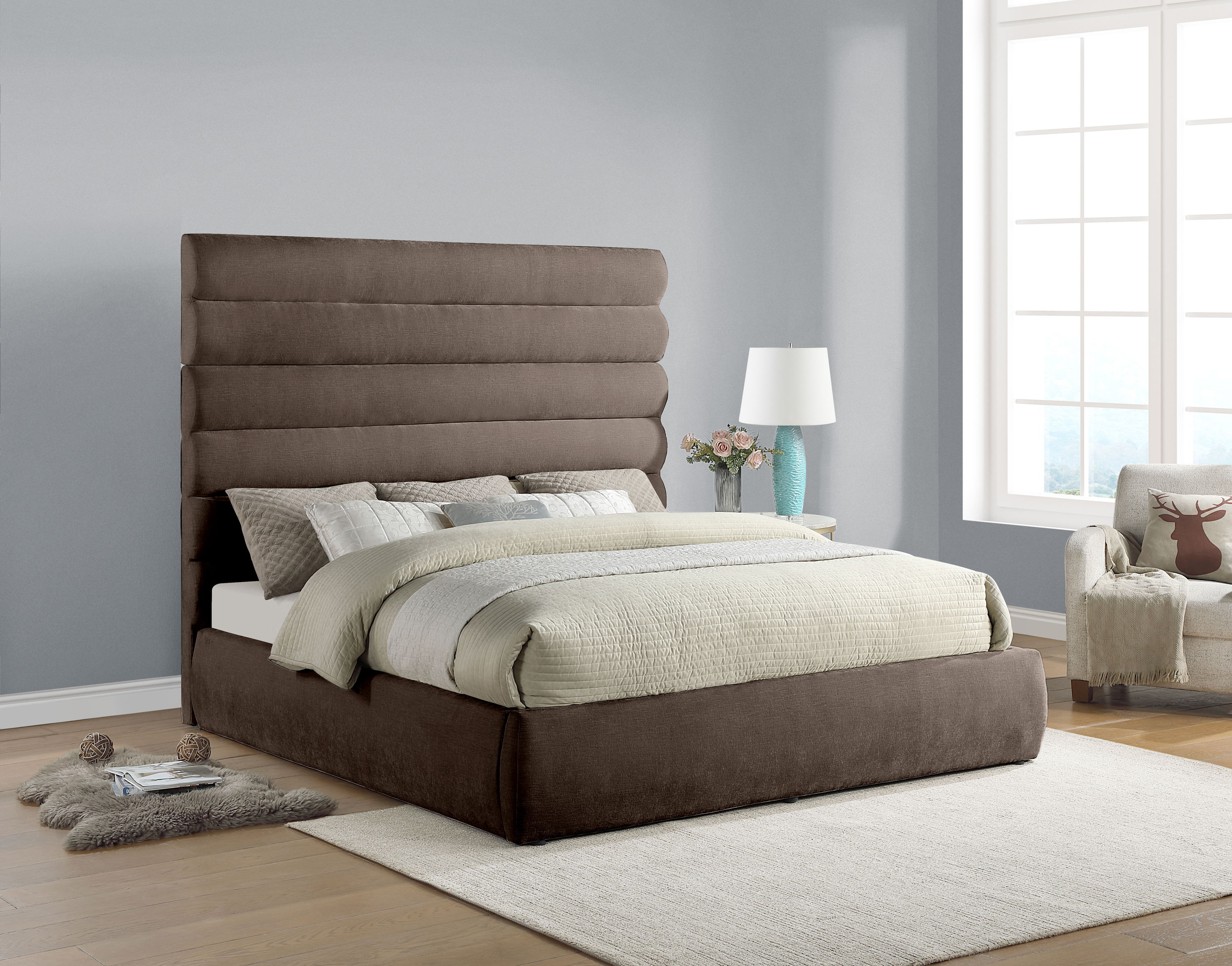 Adam - Chenille Fabric King Bed With 70.5" Headboard - Brown