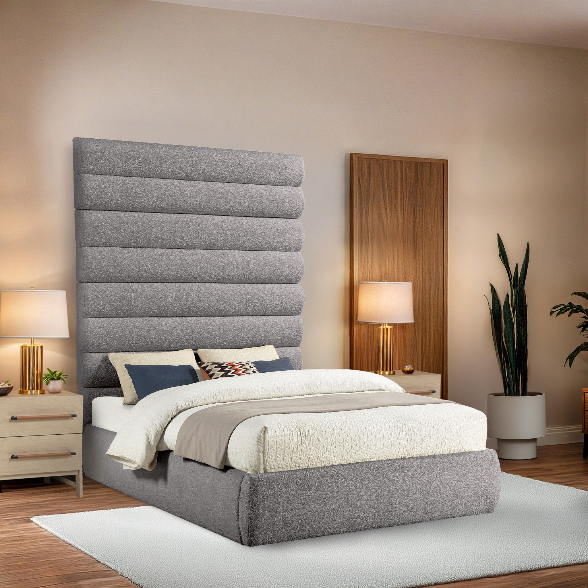 Adam - Boucle Fabric Queen Bed With 89" Headboard - Taupe