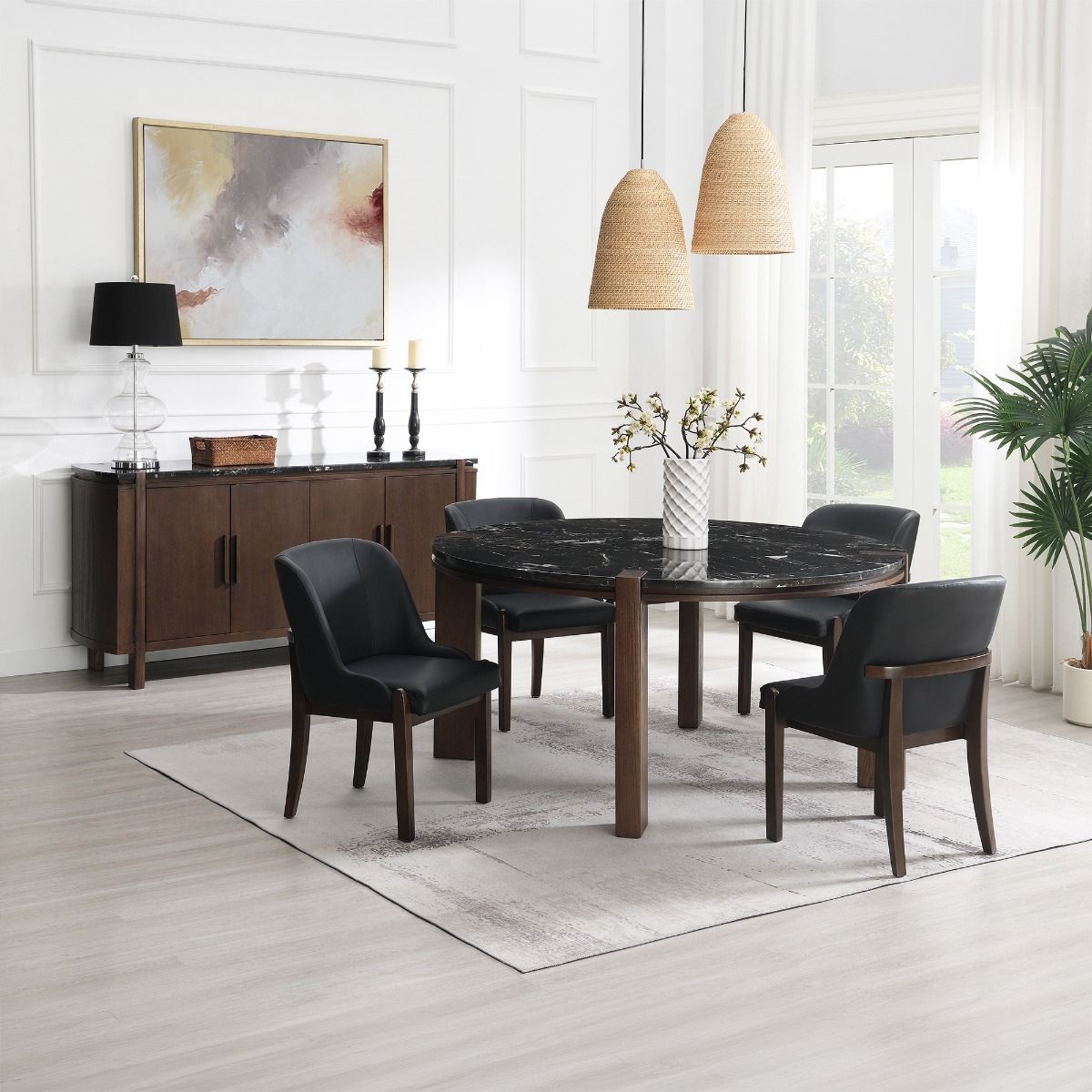 Estella - Round Dining Table With Natural Marble Top - Black Top & Walnut, dark brown, view 6