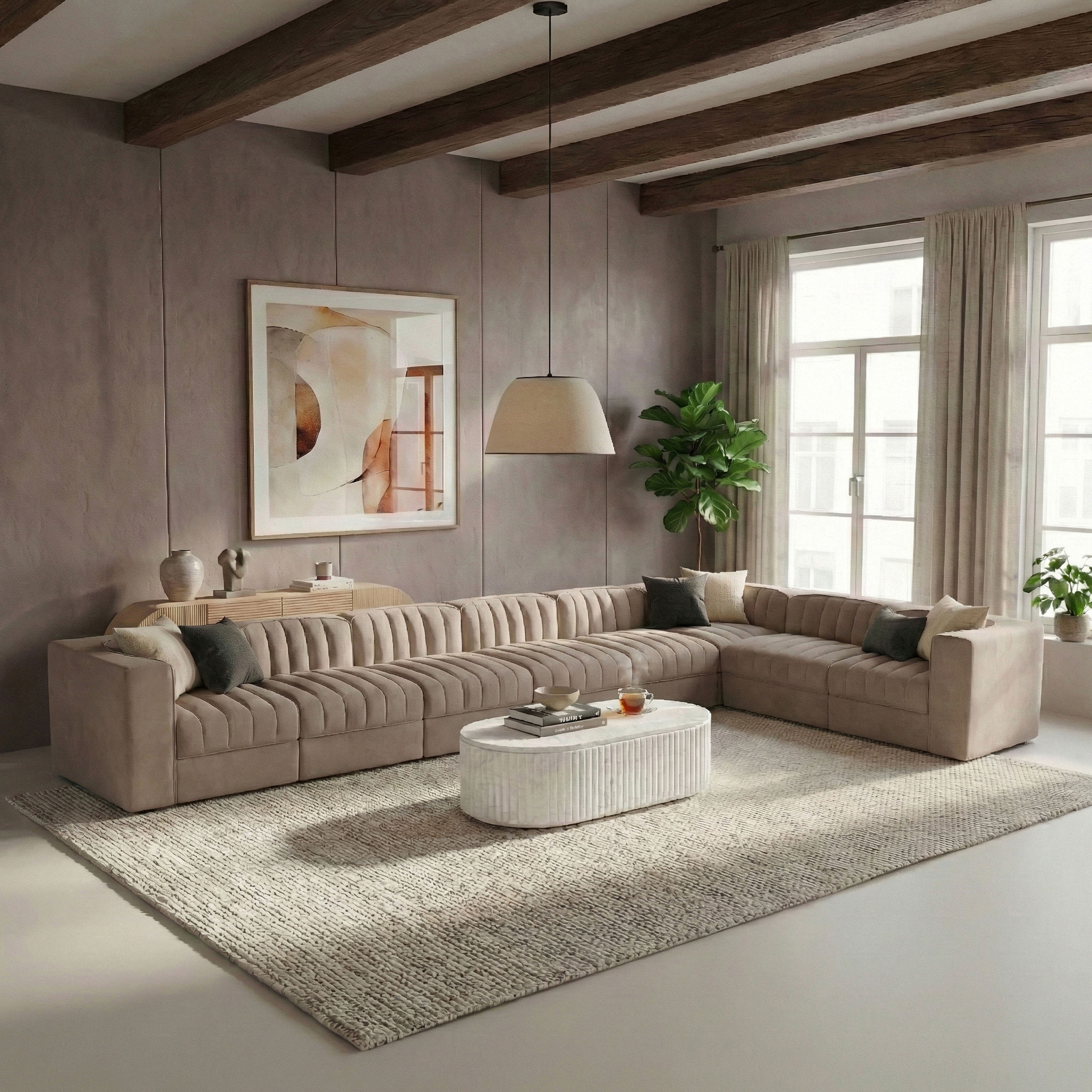 Rummi - Velvet Performance Fabric Upholstered 8 Piece Modular Sectional (With 3 Corner Chairs) - Taupe