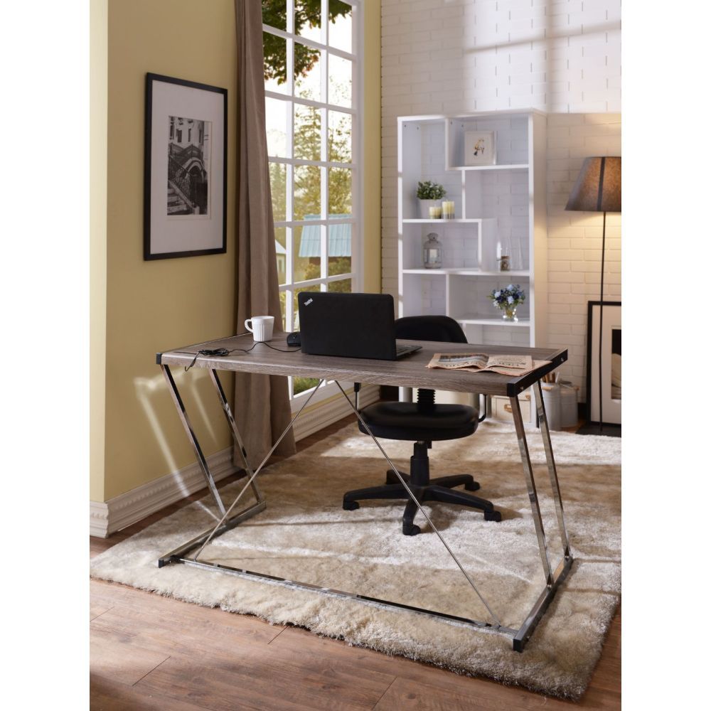 Finis - Writing Desk With USB - Weathered Oak & Chrome, silver, view 4