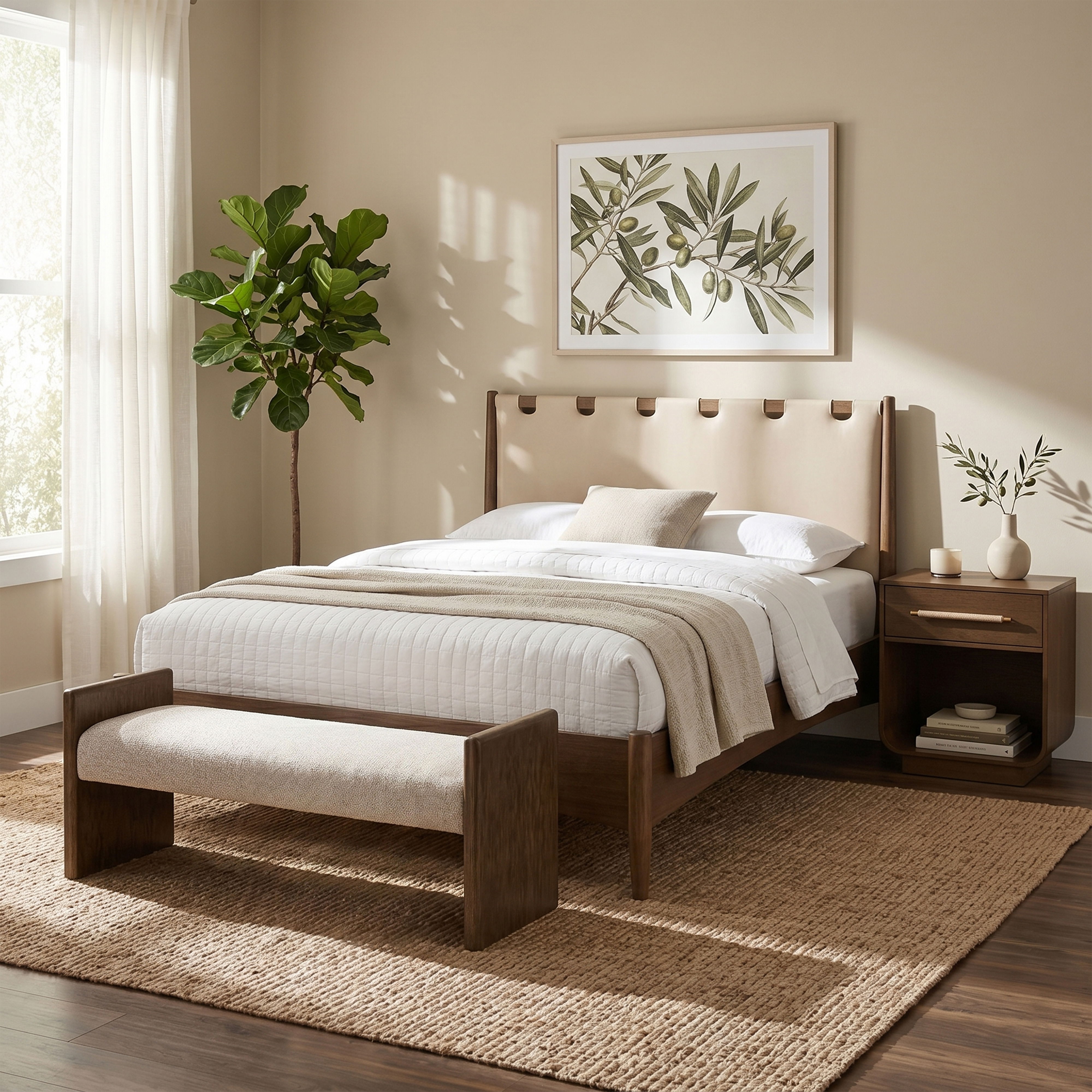 Hickory - Fabric Upholstered Bench - Beige / Brown
