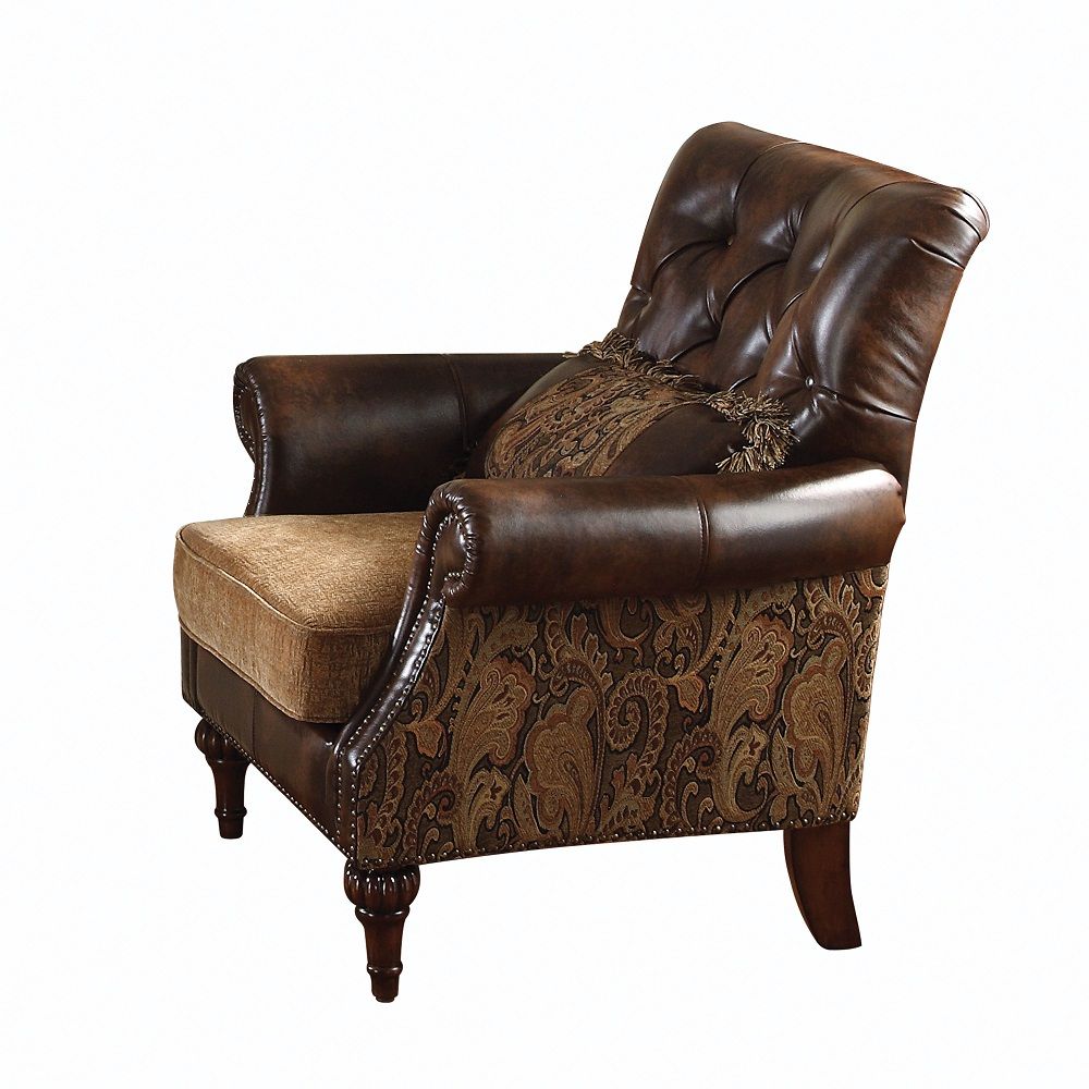 Dreena - Chair With Pillow - Two Tone Brown Synthetic Leather & Chenille Cherry, dark brown, view 2