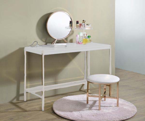 Midriaks - Mirror & Stool - Synthetic Leather , White & Gold, white