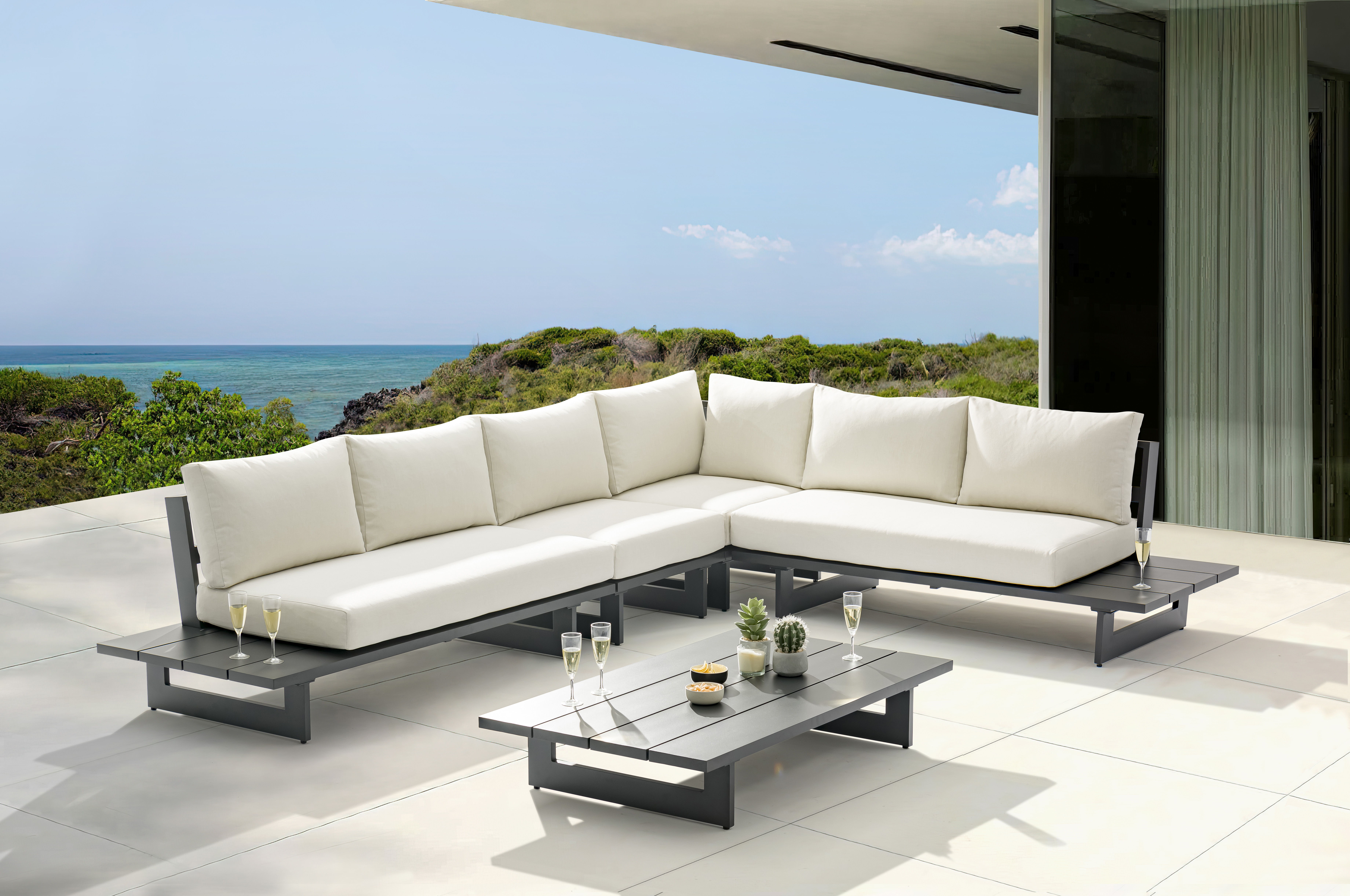 Maldives - 4 Piece Water Resistant Outdoor Patio Modular Right Arm Facing Sectional With Gray Base - Cream