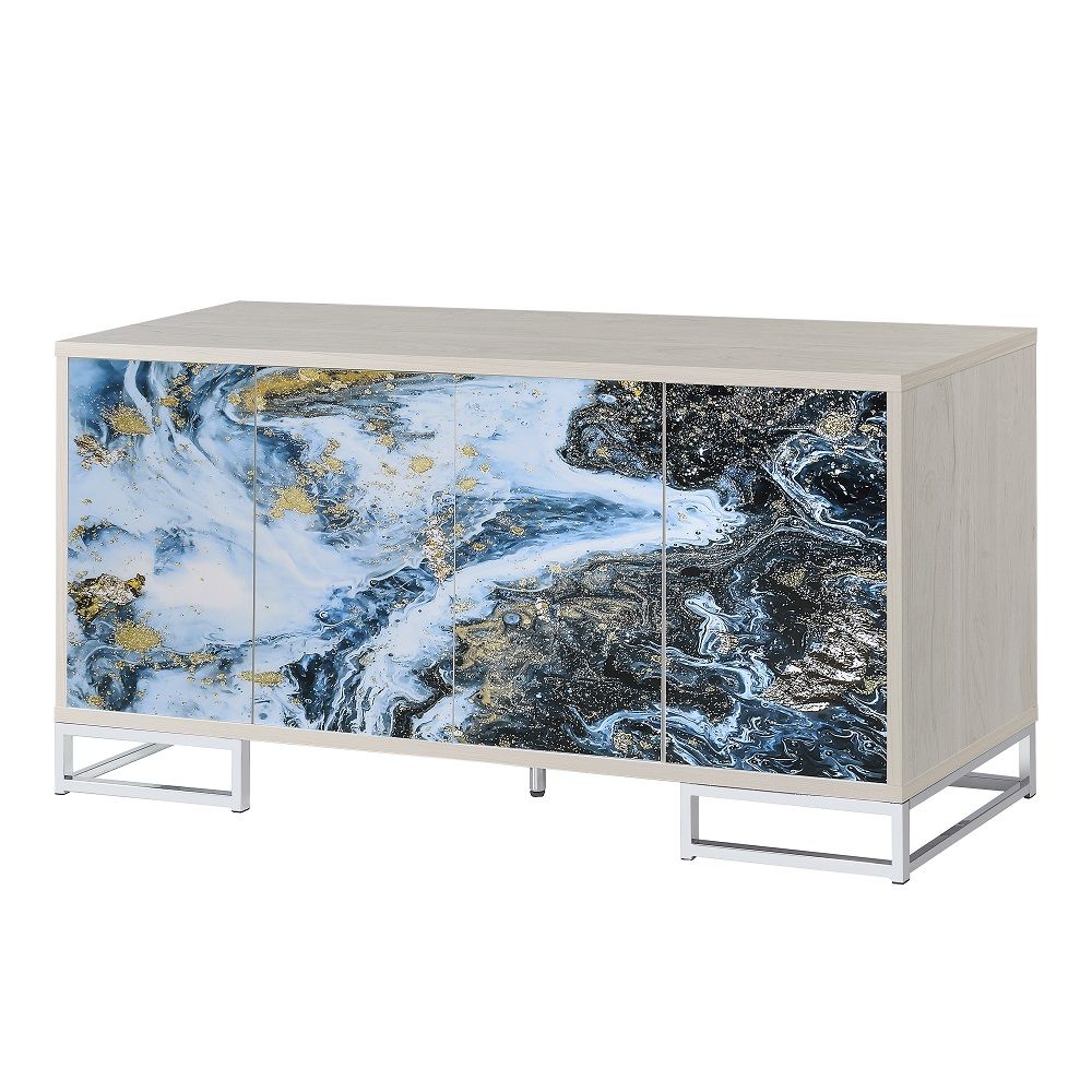 Liam - Console Cabinet - Blue Marble Print & Chrome, white