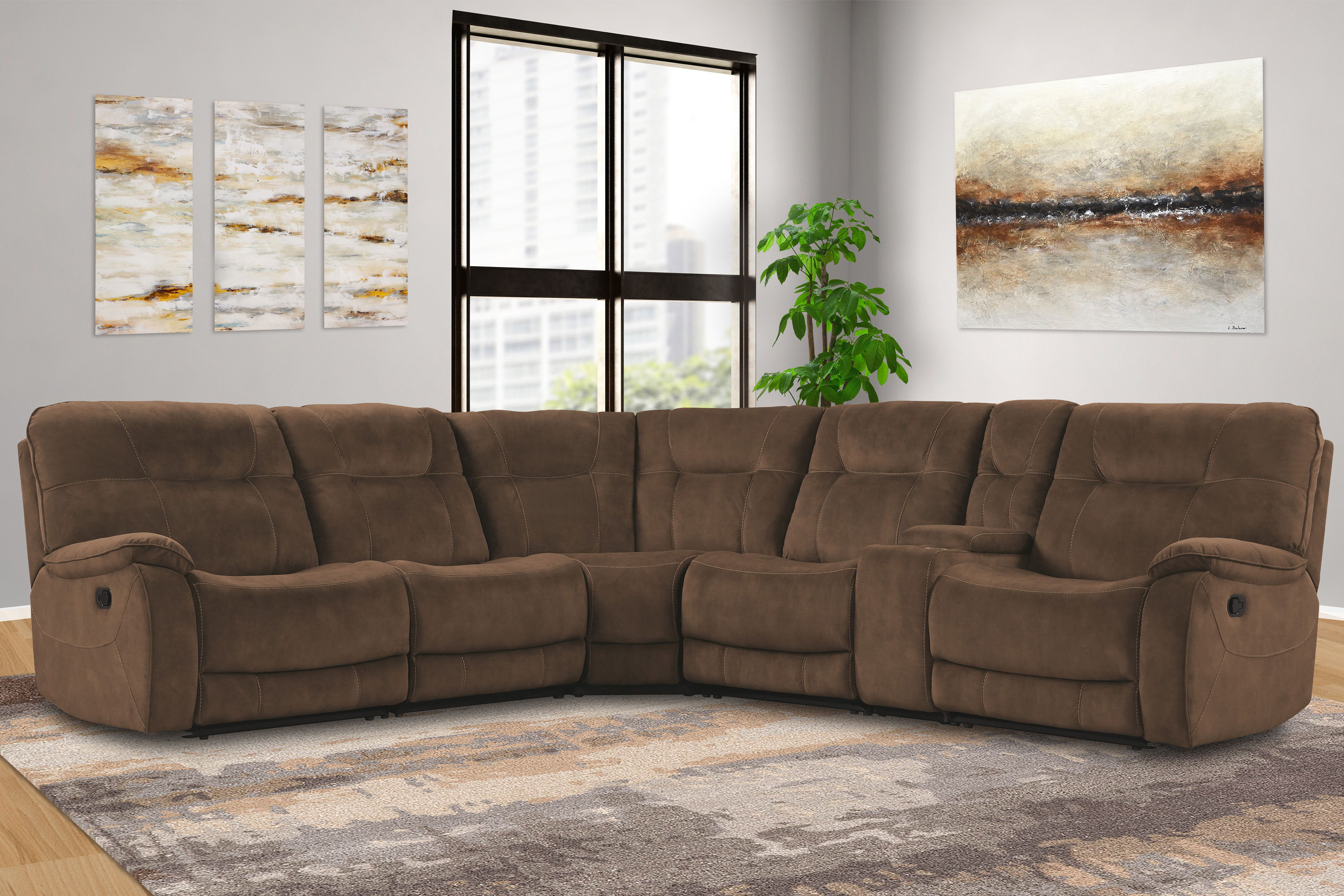 Parker House Cooper - 6 Piece Modular Manual Reclining Sectional with Entertainment Console - Shadow Brown