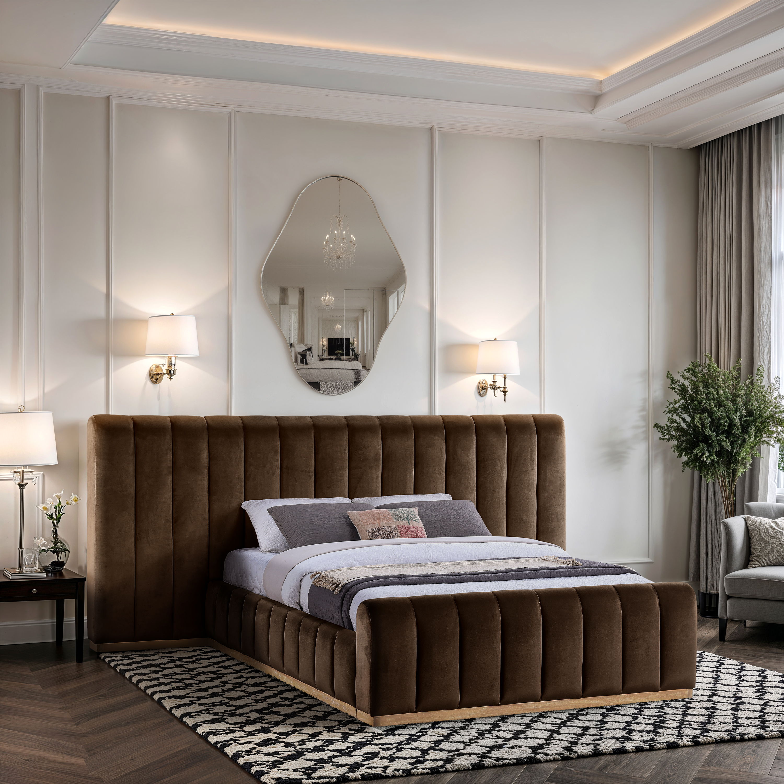Amara - Velvet Upholstered Queen Bed - Brown