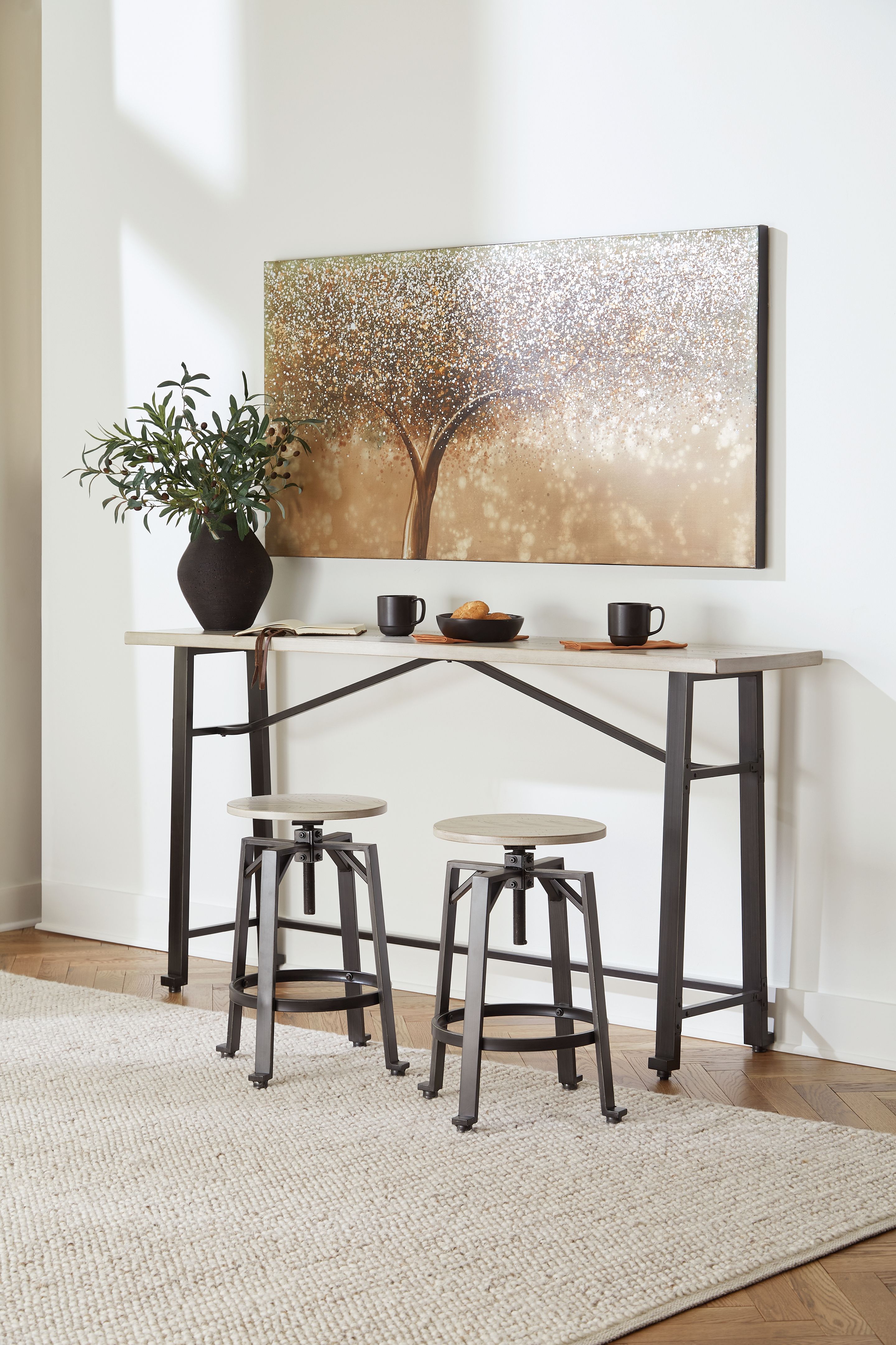 Karisslyn Whitewash / Black 3 Pc. Long Counter Table, 2 Stools
