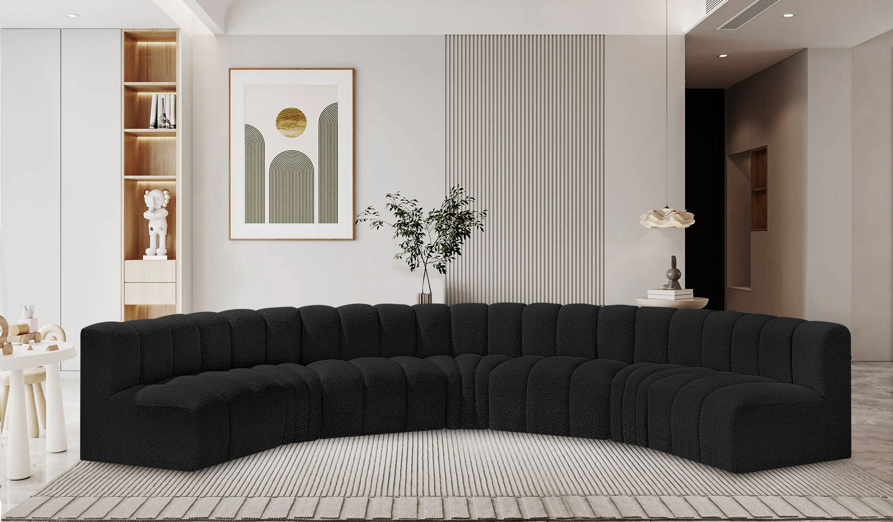 Arc - Boucle Fabric 7 Piece U-Shaped Modular Sofa - Black