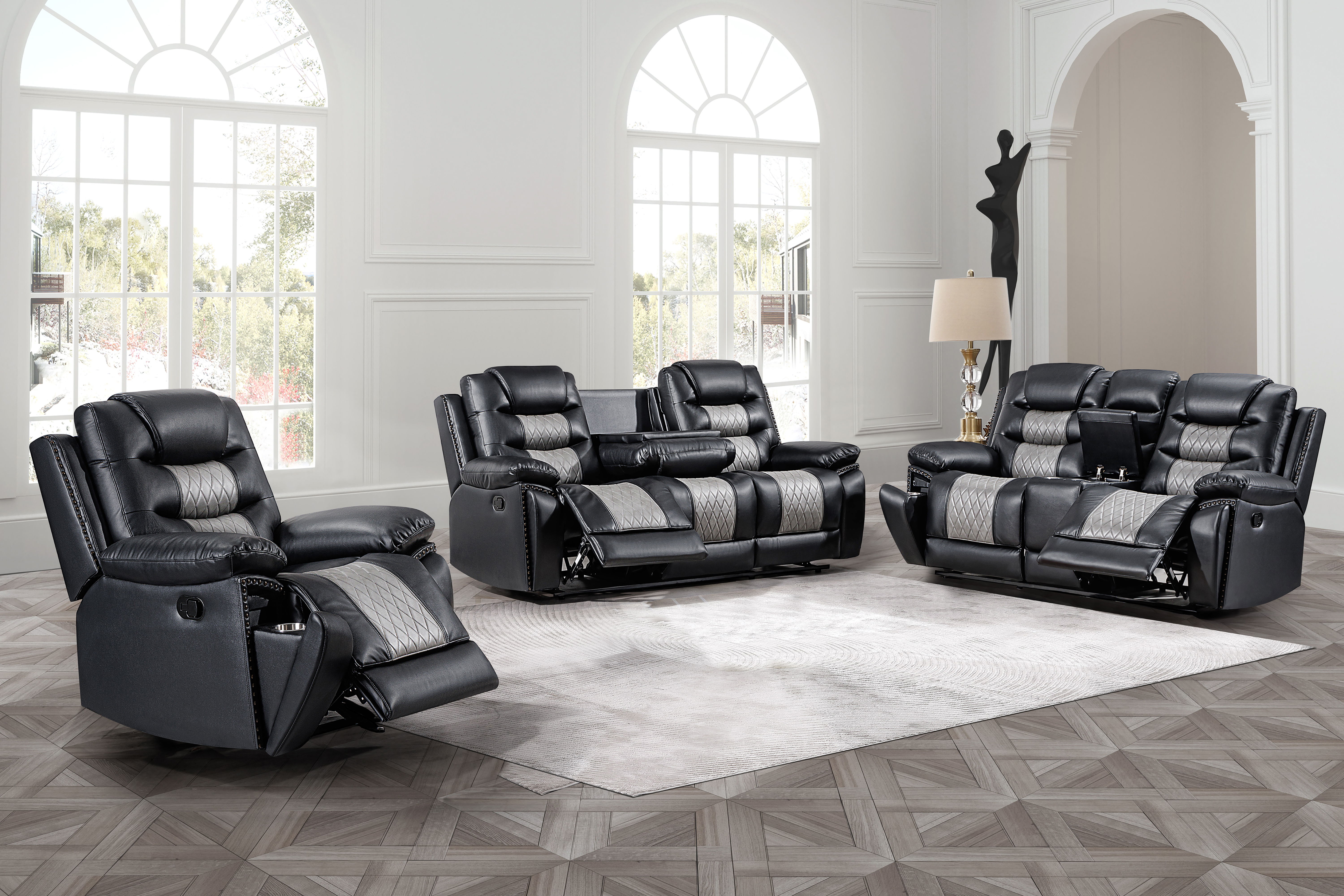 Nikko - Manual 3 Piece Sofa & Loveseat & Recliner - Black / Gray