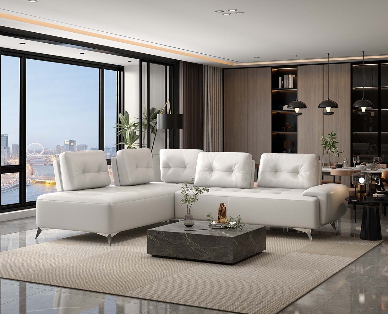 Turano - Sectional Sofa - Pearl White Leather, white