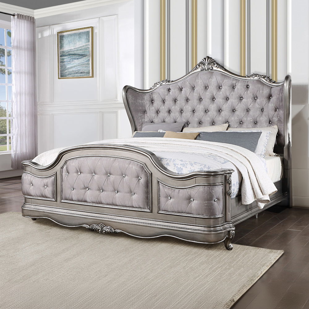 Ariadne - Queen Bed - Velvet & Antique Platinum, silver