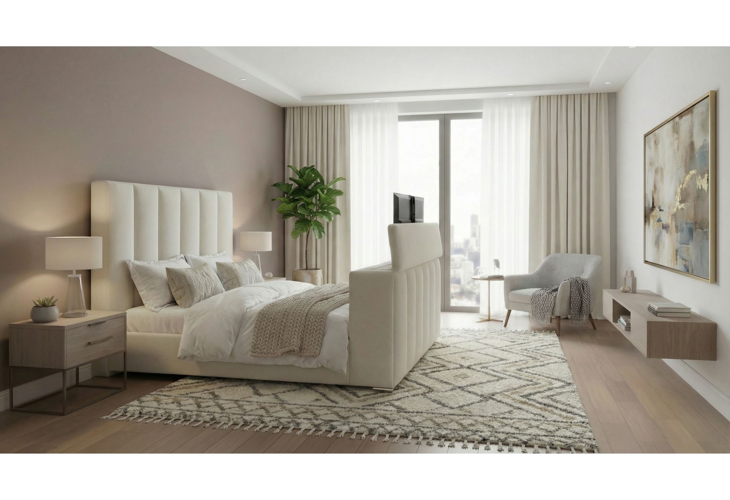 Queen Bed With Speaker, TV Lift, Fireplace
