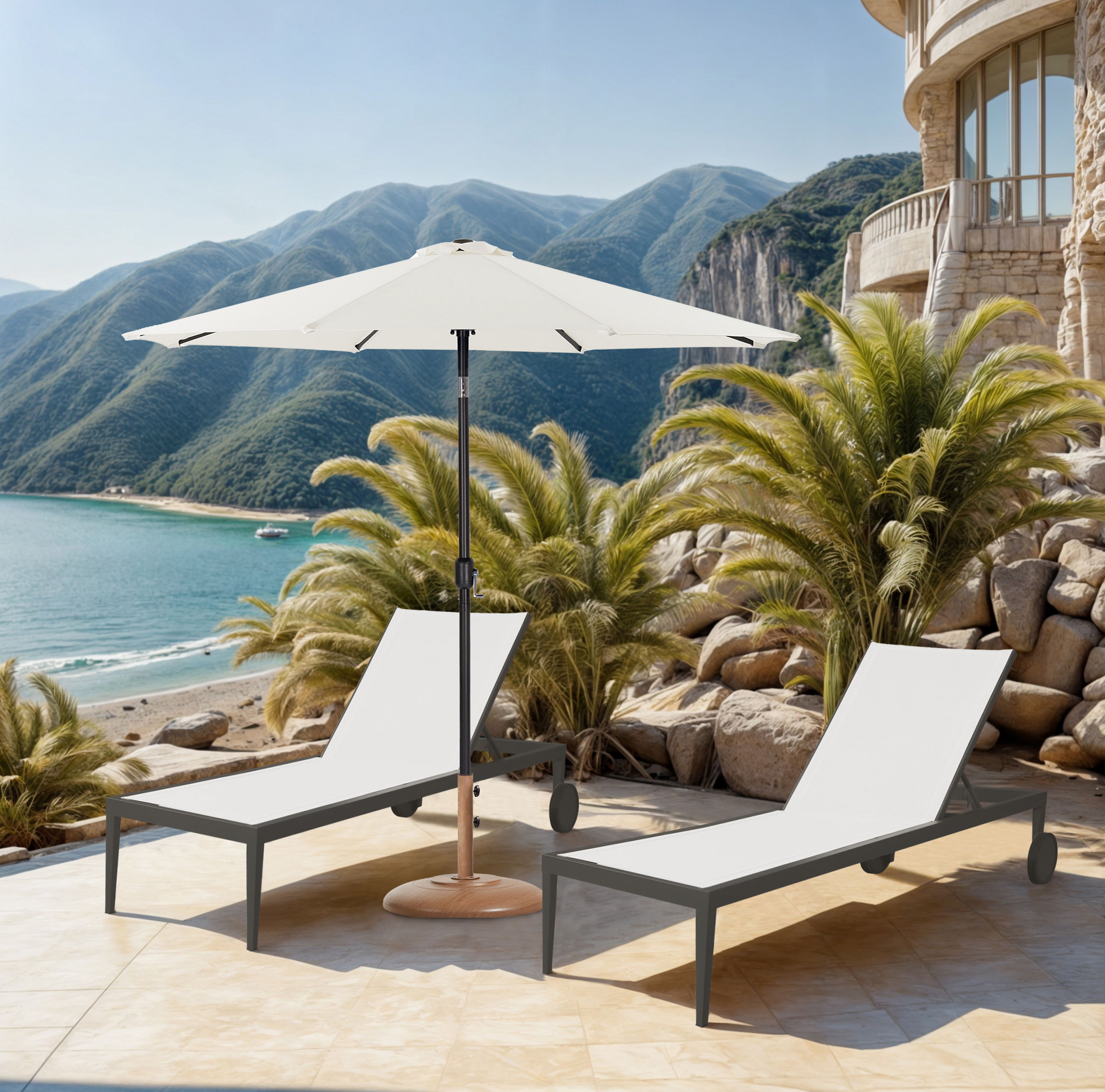 Fiji - Aluminum Patio Umbrella With Round Teak And Black Base - White