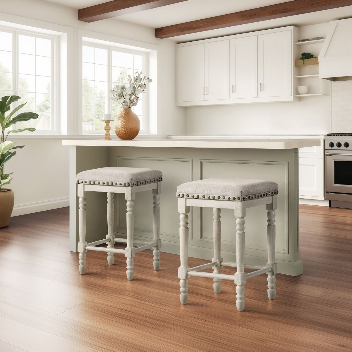 Tasnim - Counter Height Stool (Set of 2) - Tan Fabric & Antique White, white, view 7
