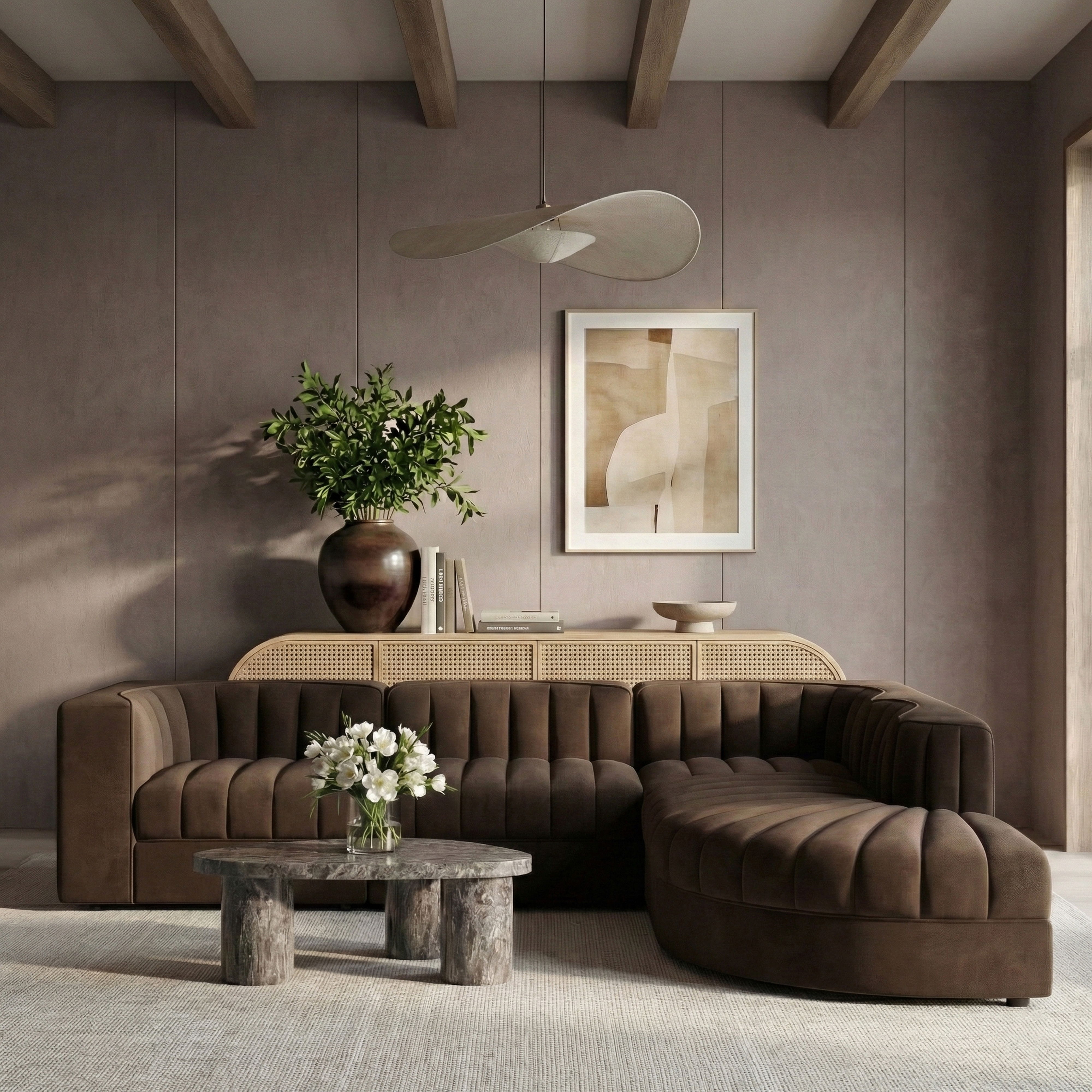 Rummi - Velvet Performance Fabric Upholstered 5 Piece Modular Sectional - Brown