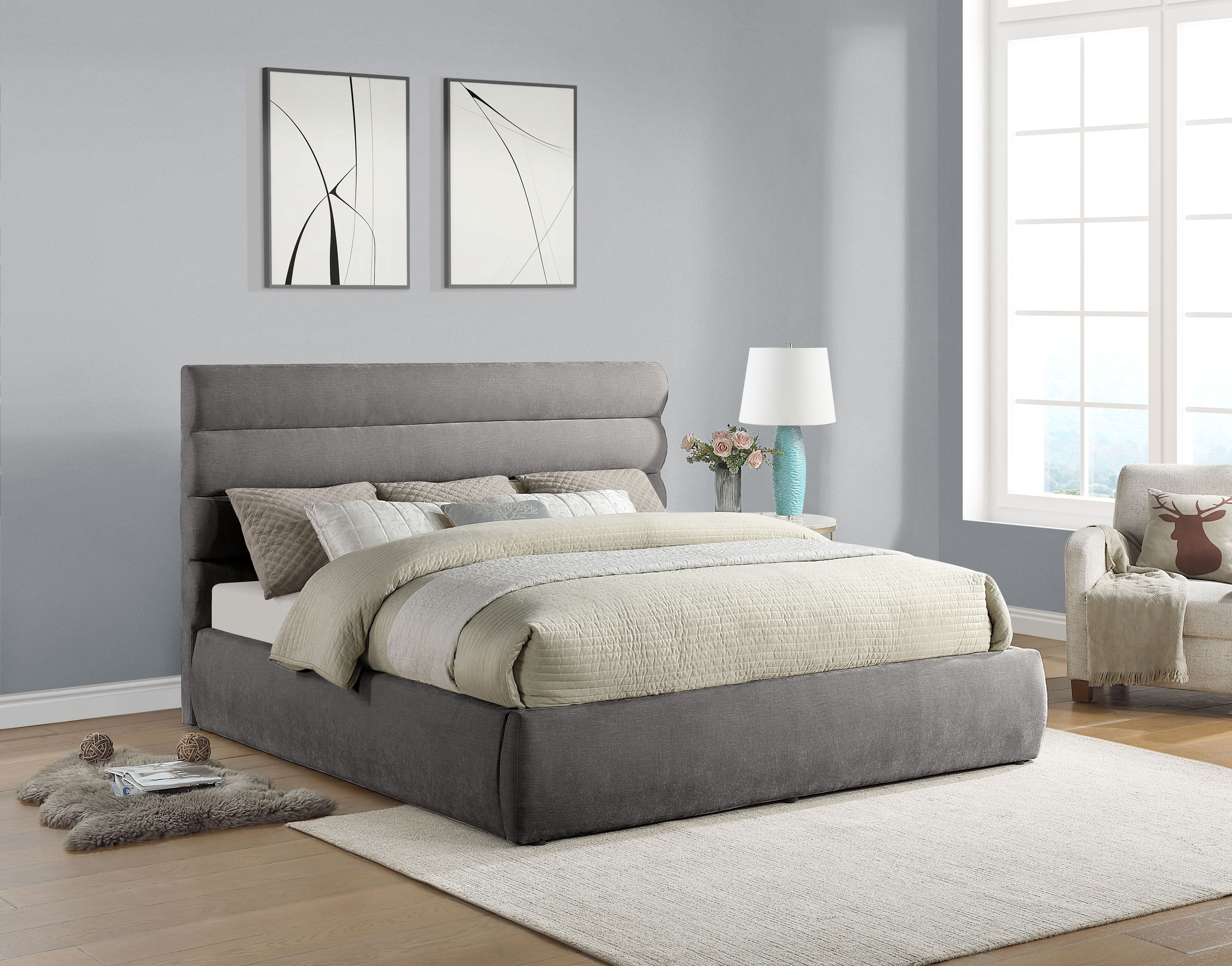 Adam - Chenille Fabric King Bed With 52" Headboard - Gray