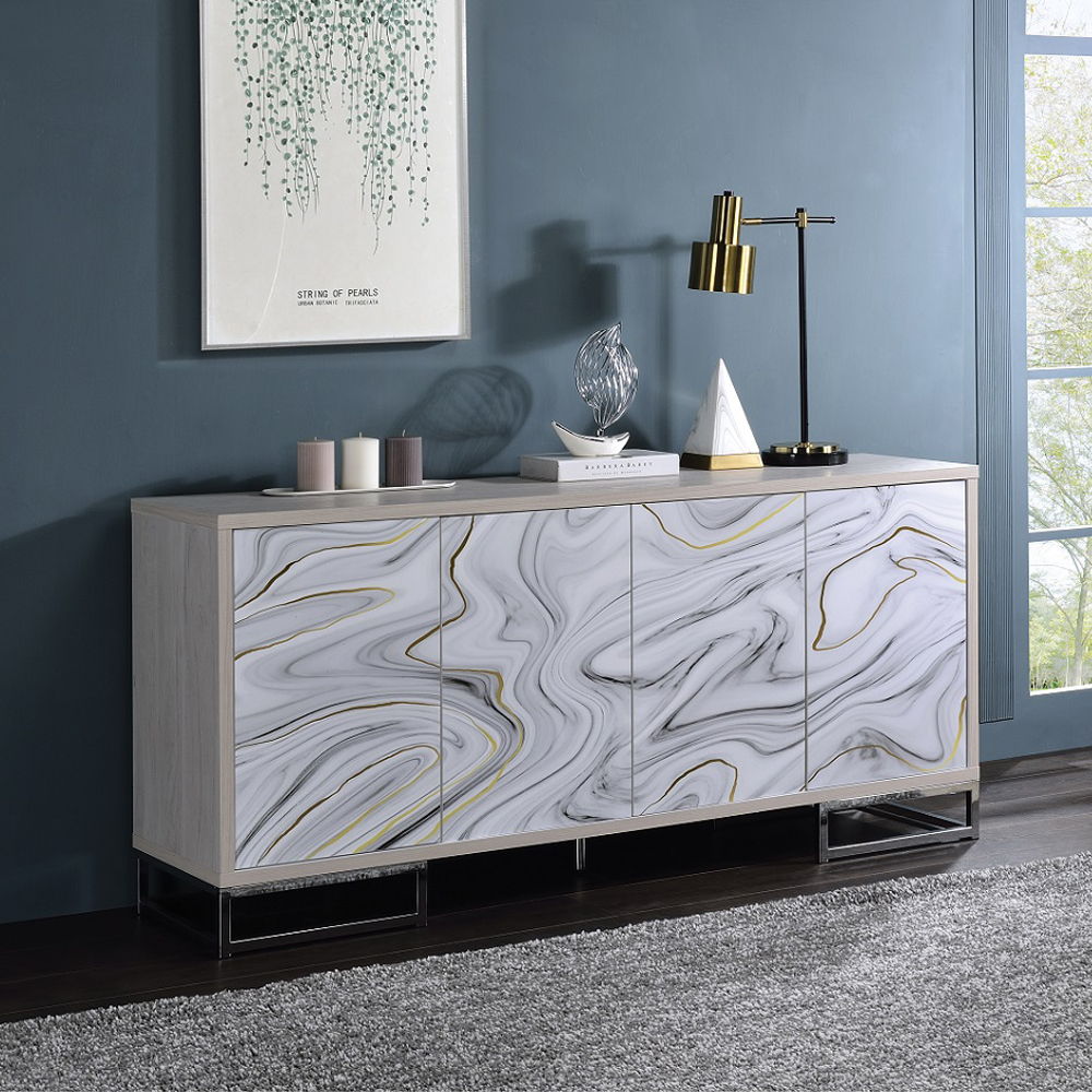 Panos - Console Cabinet - White Marble Print & Chrome, beige
