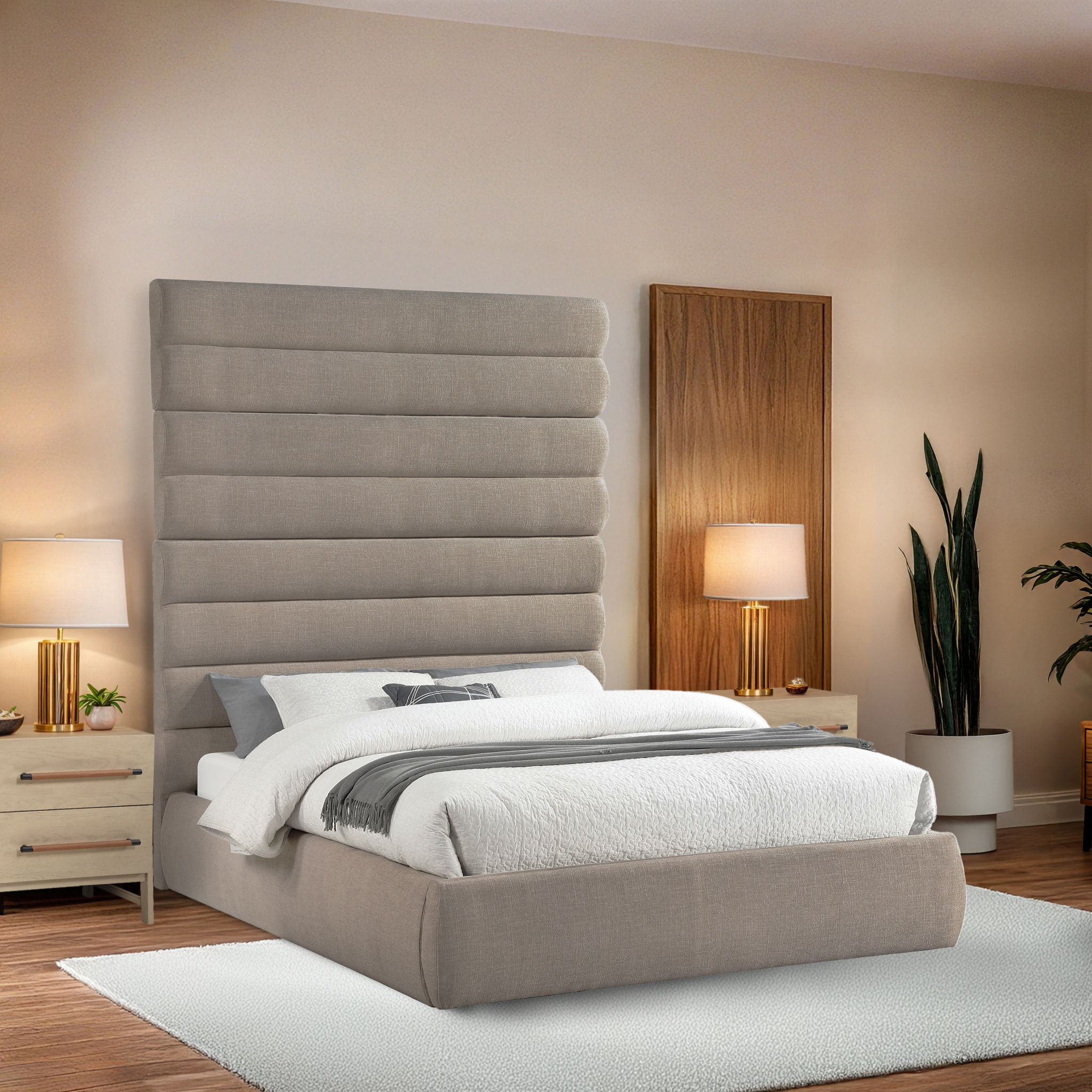 Adam - Linen Fabric Queen Bed With 89" Headboard - Beige