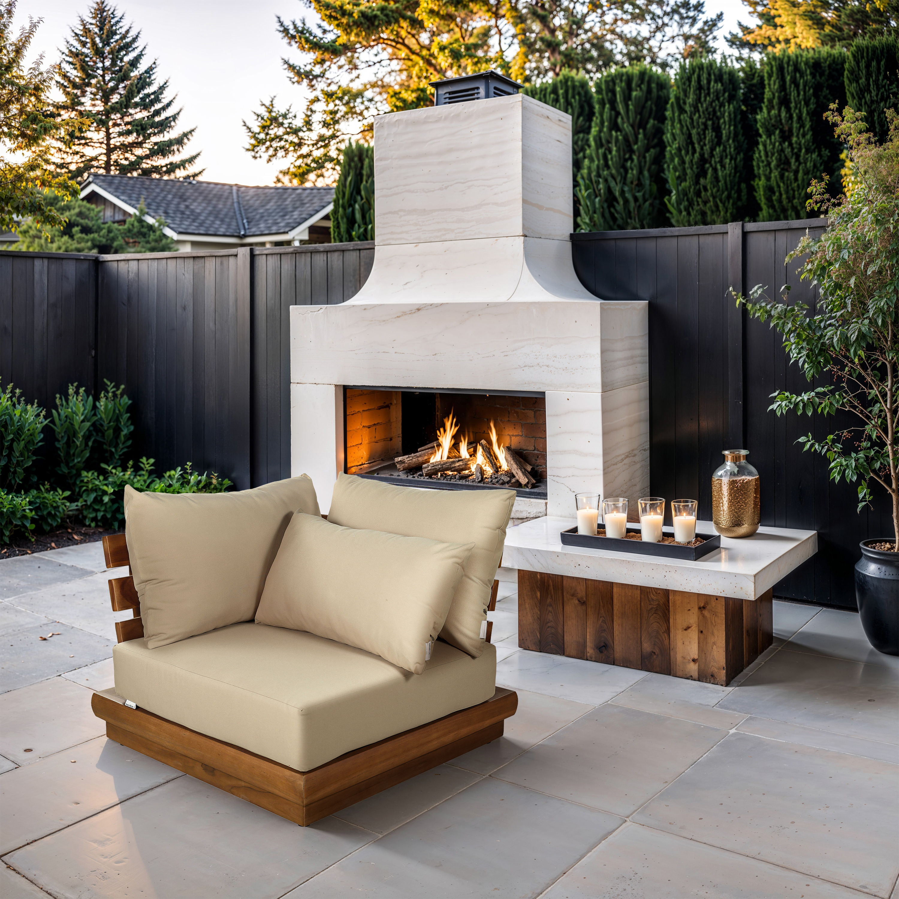 Mirella - Water Resistant Fabric Upholstered Outdoor Patio Modular Corner Chair - Tan