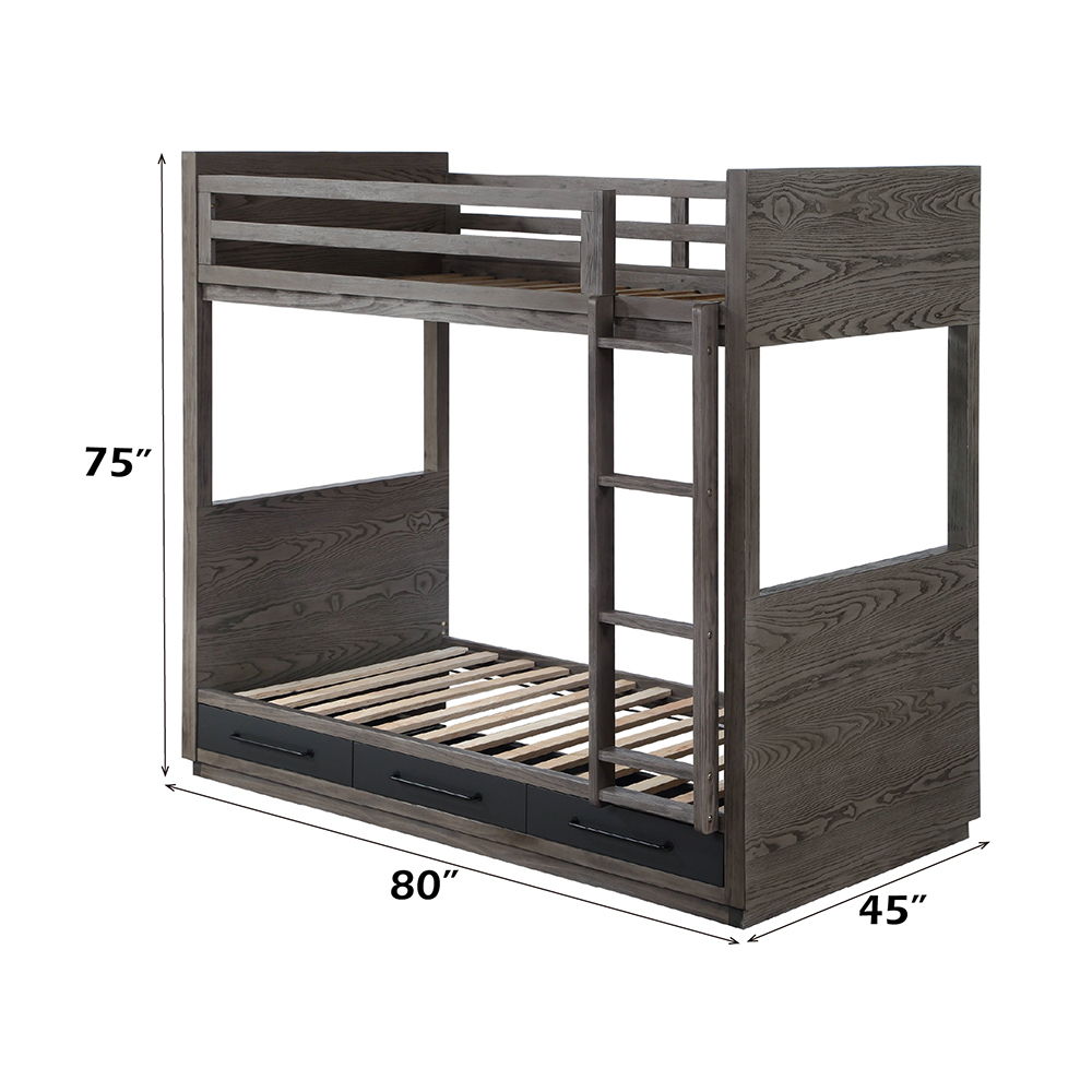 Estevon - Twin Over Twin Bunk Bed With Storage - Gray Oak, dark gray, view 5