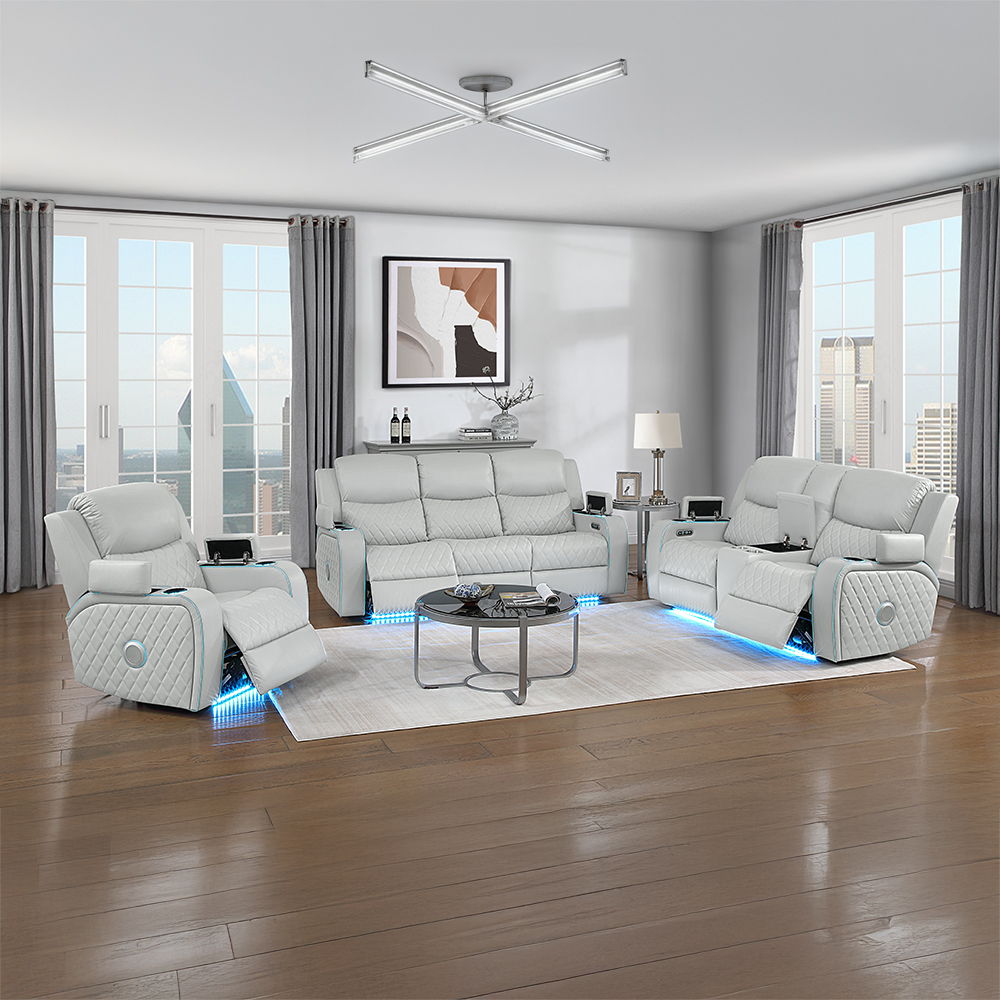 Elonzo - Power Motion Sofa With LED, Power Headrest & Speaker - Light Gray, light gray