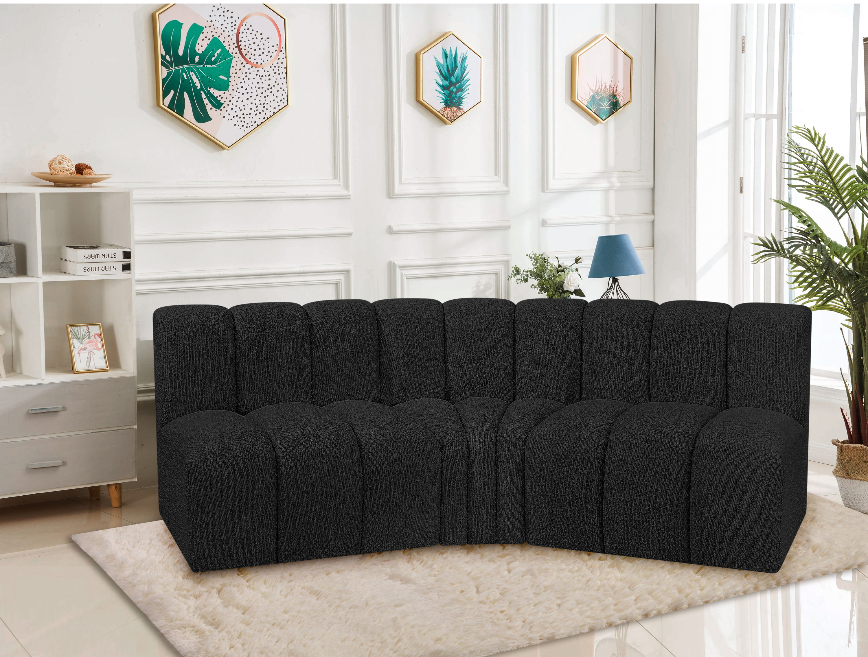 Arc - Boucle Fabric 3 Piece Modular Corner Sofa - Black