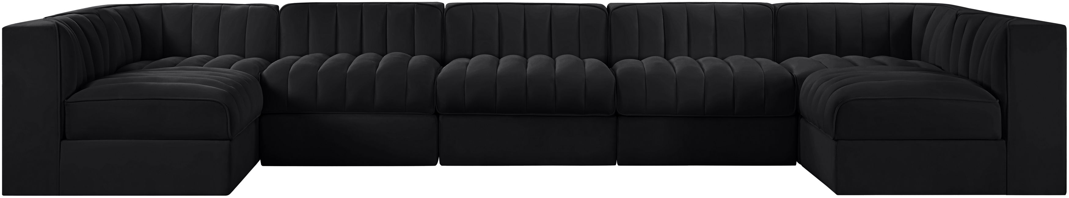 Rummi - Velvet Performance Fabric Upholstered 7 Piece Modular Sectional (With 2 Corner Chairs) - Black