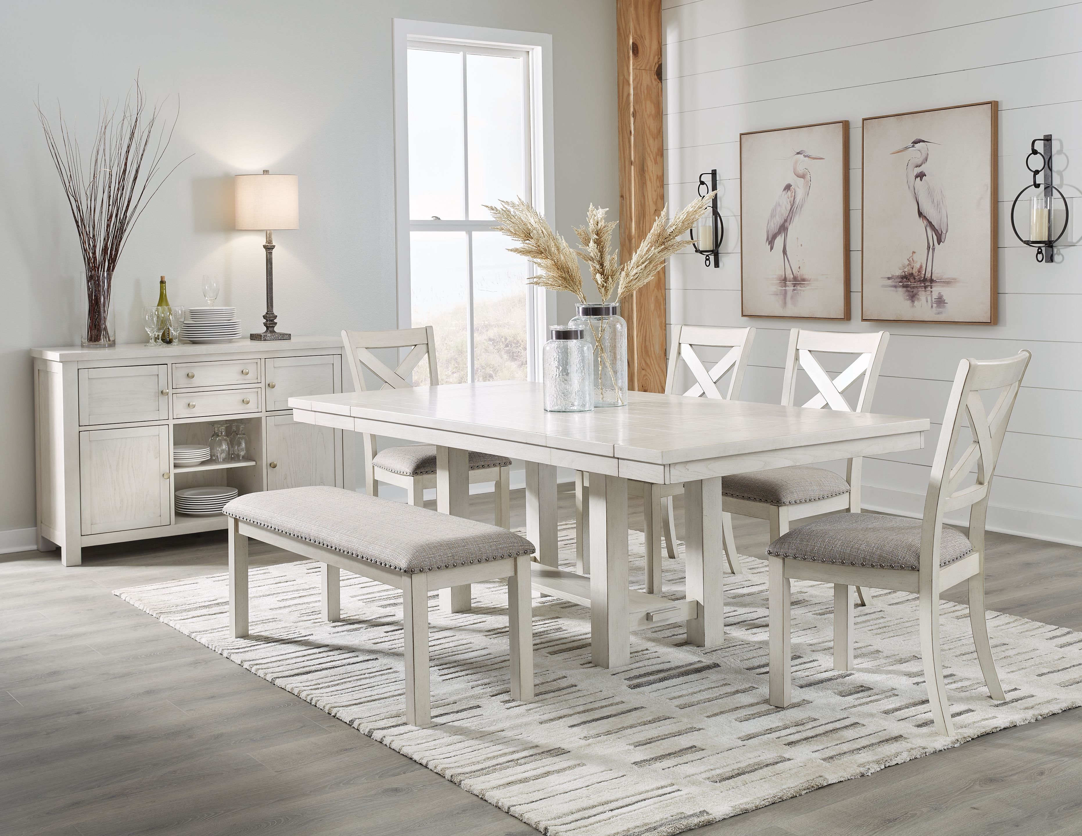 7 Pc · Rectangular Dining Room Extension Table, 4 Upholstered Side Chairs, Bench, Server