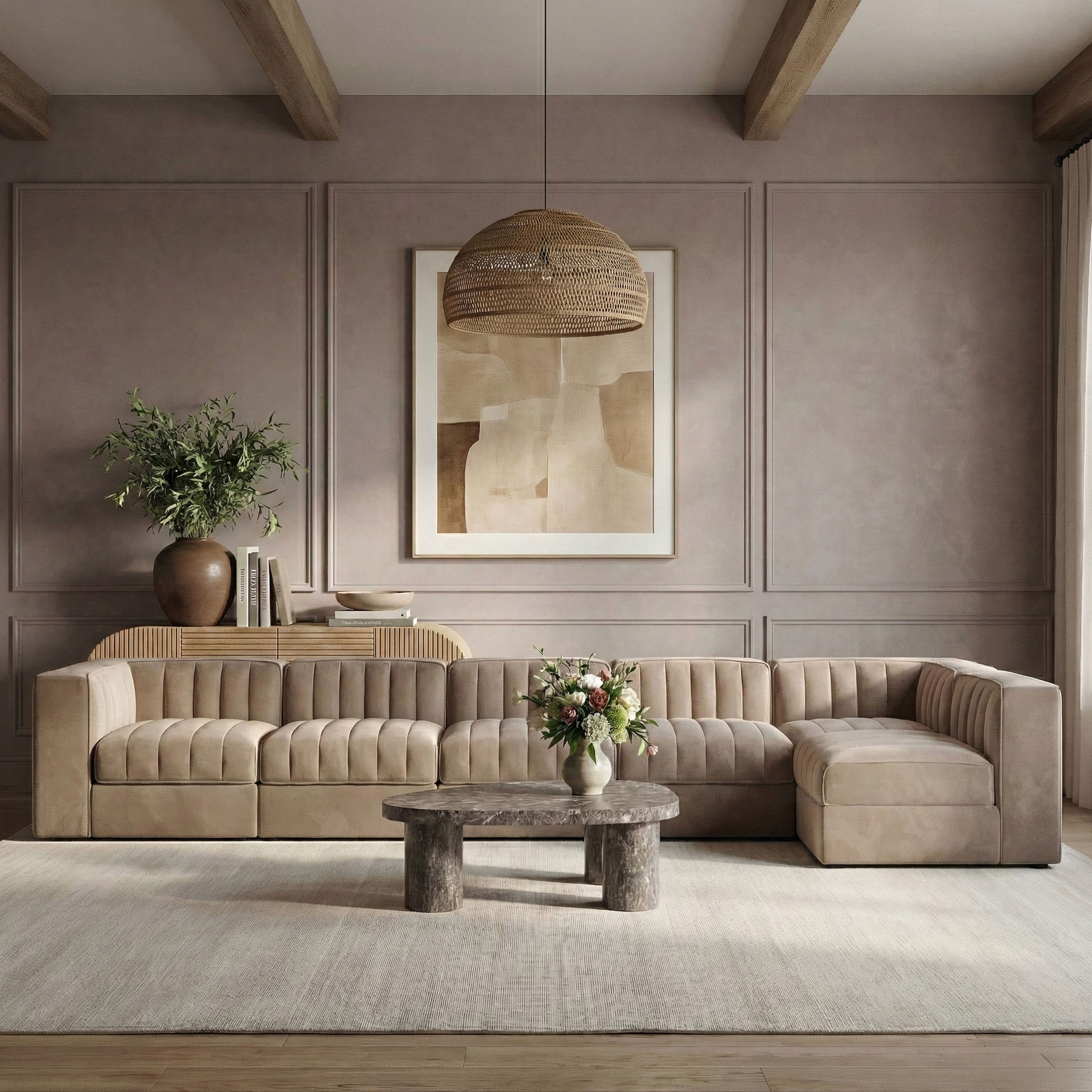 Rummi - Velvet Performance Fabric Upholstered 6 Piece Modular Sectional, L-Shaped (Right) - Taupe