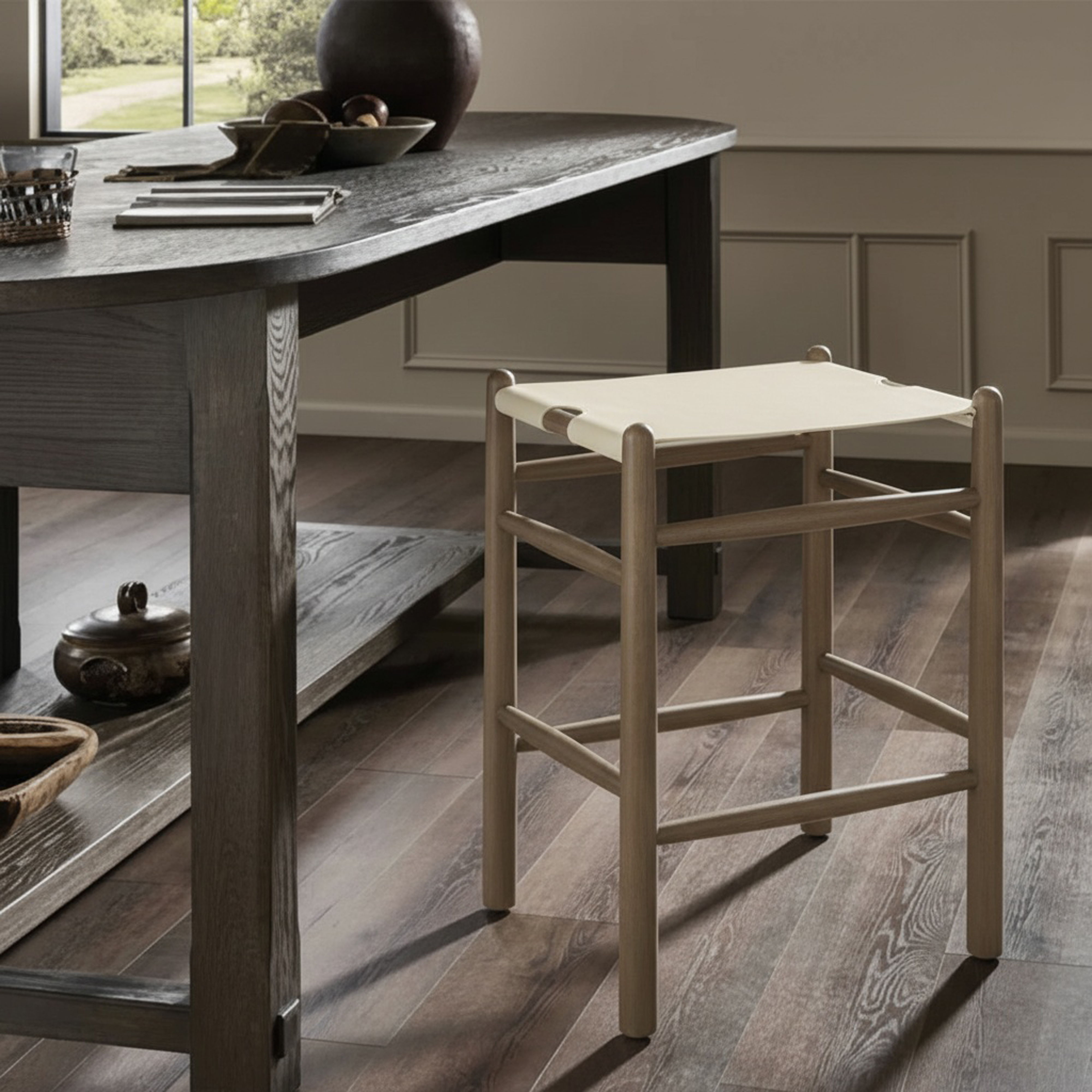 Santos - Vegan Leather Upholstered Backless Counter Stool - Cream / Stained Brown