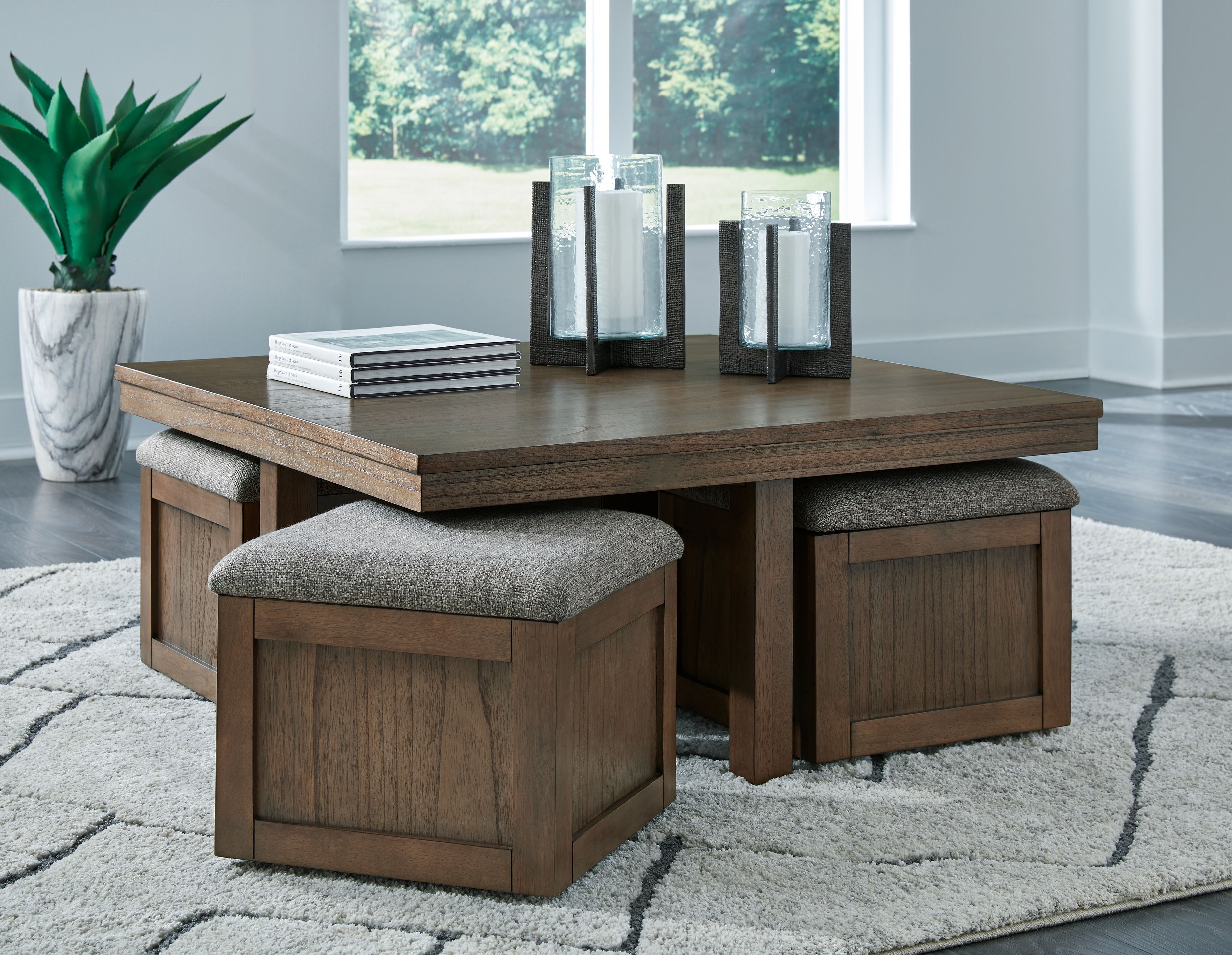 Ashley Furniture Boardernest - Cocktail Table With 4 Stools (Set of 5) - Brown - Image 5